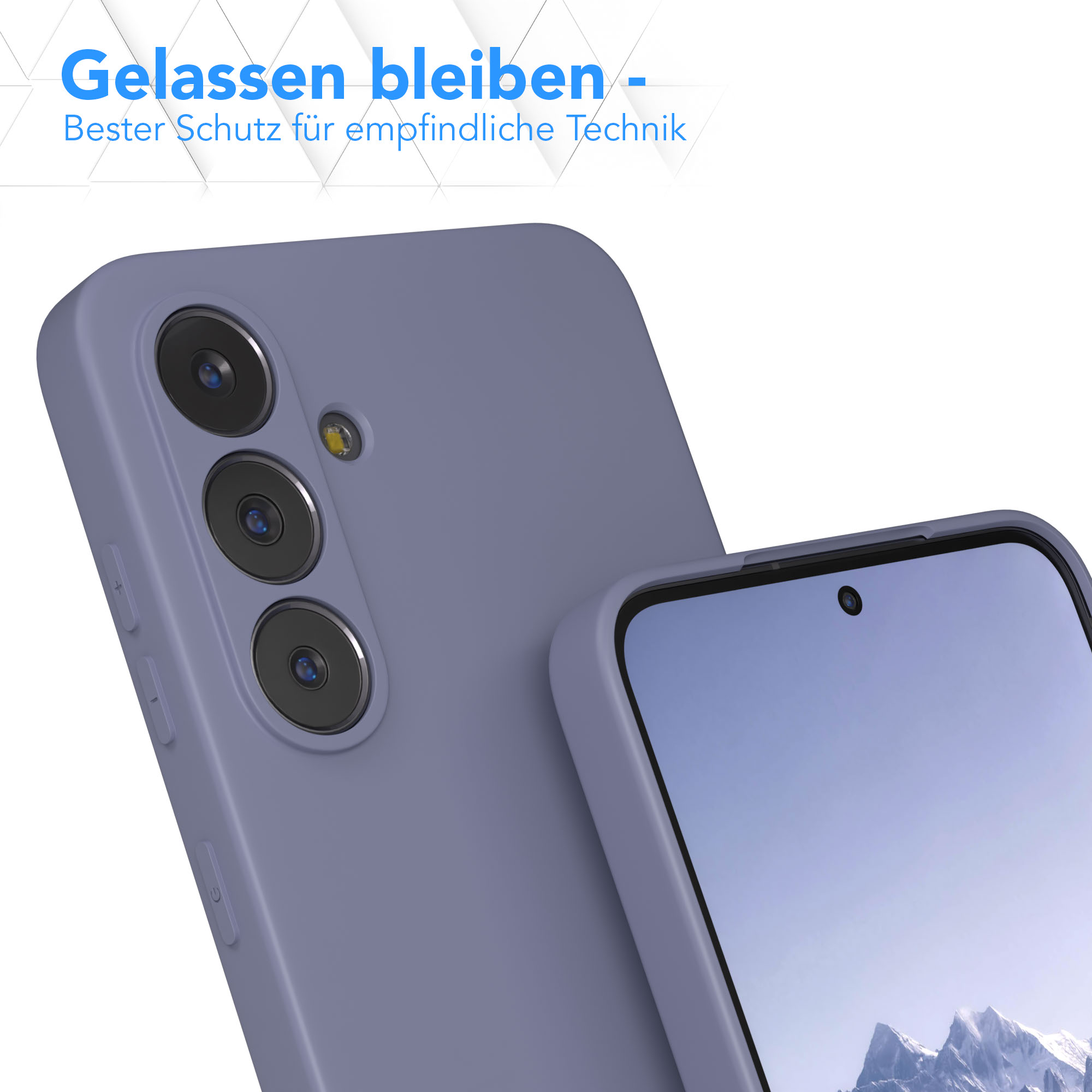 Nahaufnahme eines lila Telefons mit drei Kameras, einem Bildschirm und einer Schutzhülle, mit Text im Hintergrund.