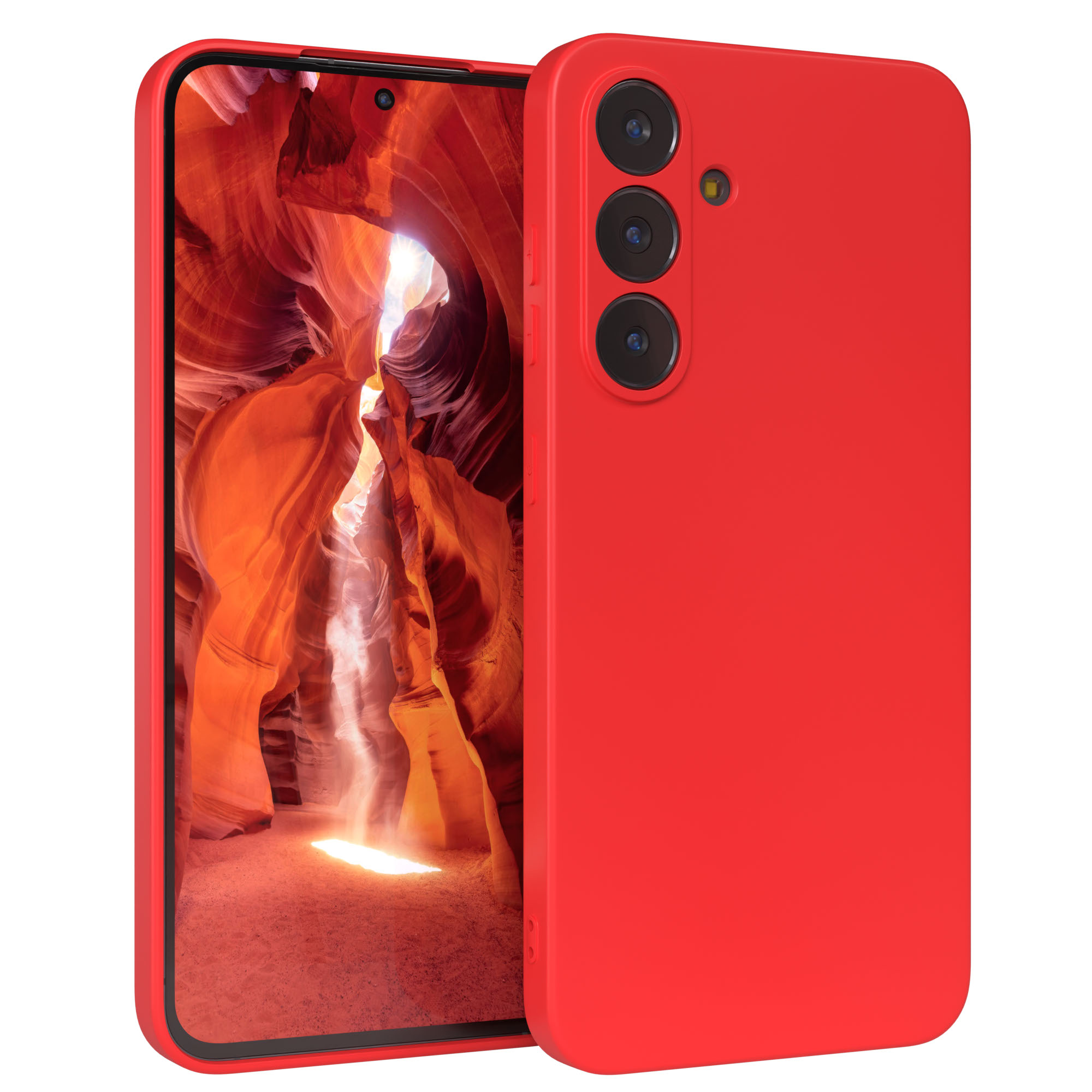 Ein rotes Telefon mit Hülle. Der Bildschirm zeigt einen orangefarbenen Canyon. Das Telefon hat drei Kameras.