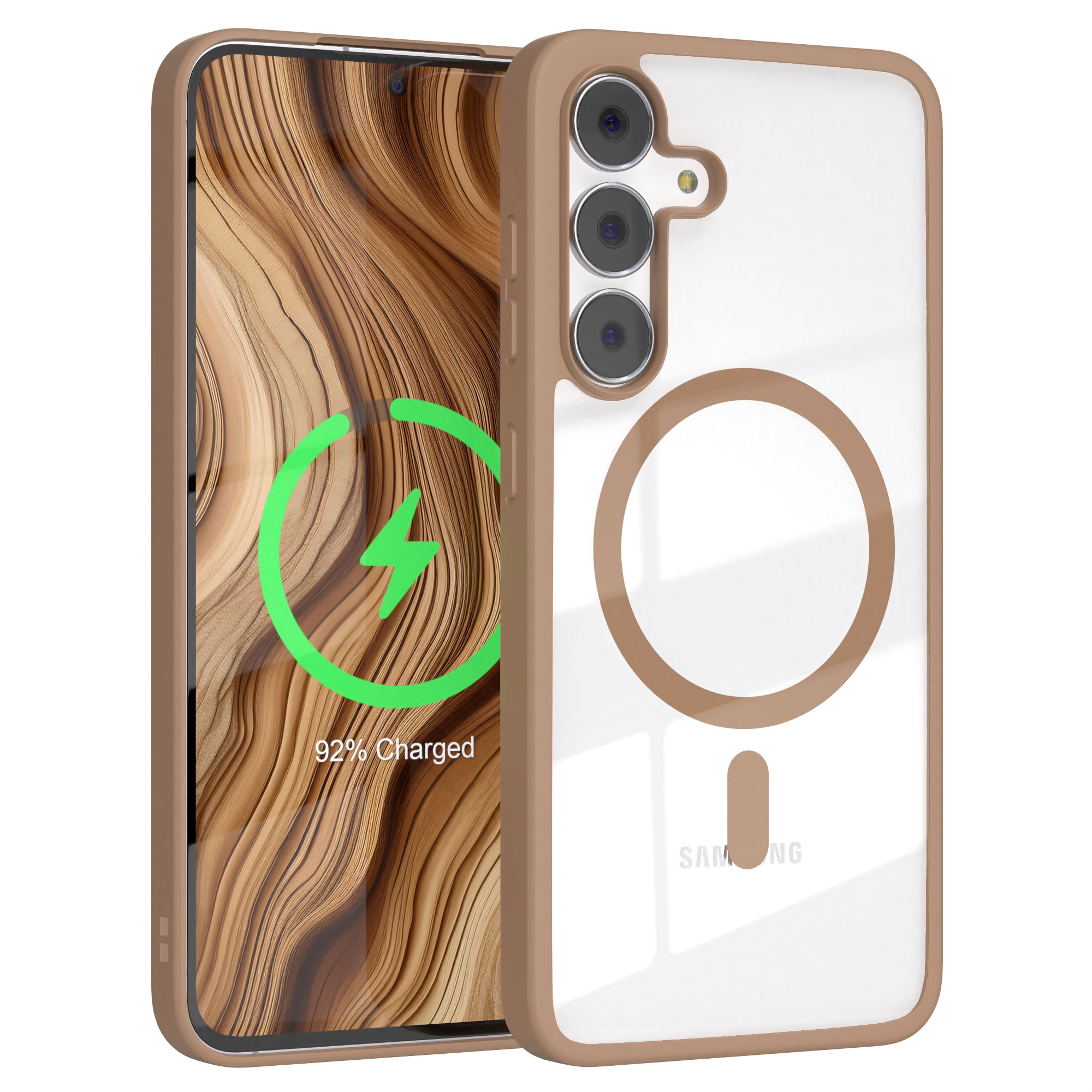 Ein Telefon in einer Hülle. Der Bildschirm zeigt Holzmaserung und ein Ladesymbol. Die Hülle ist beige und transparent.