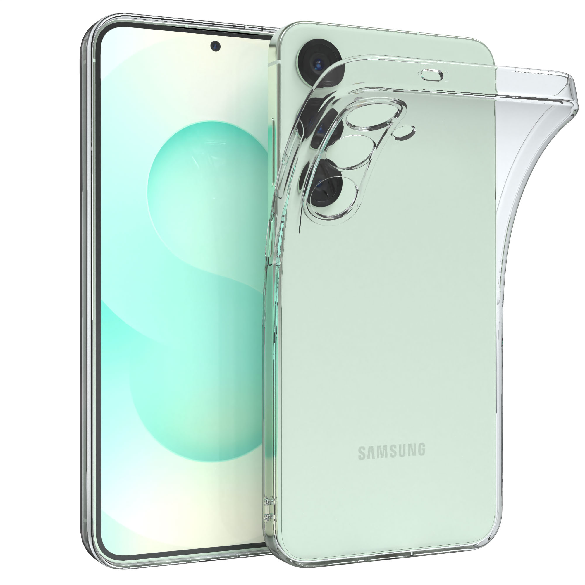 Ein mintgrünes Samsung-Handy mit einer durchsichtigen Hülle wird gezeigt. Die Hülle ist auf dem Telefon und eine andere daneben.
