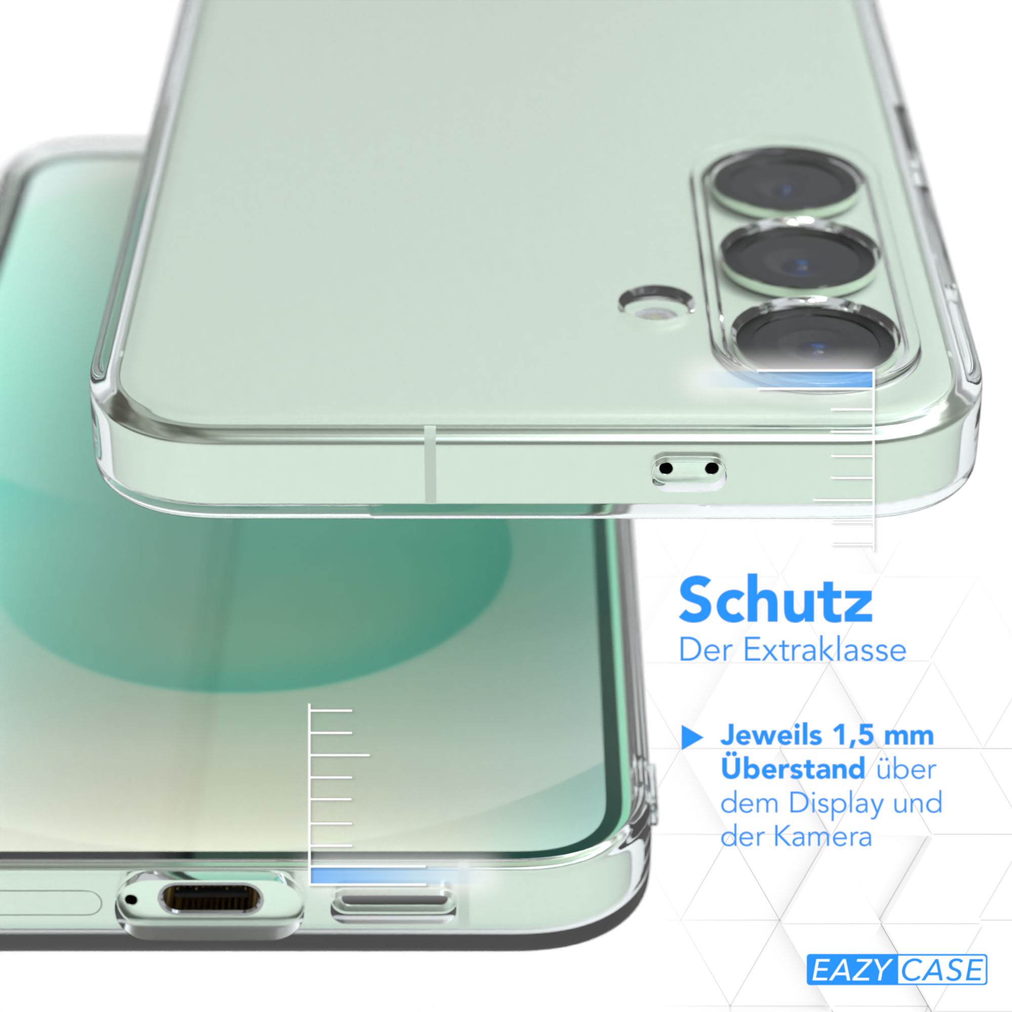 Eine transparente Handyhülle, leicht mintgrün, schützt ein Telefon. Text rechts auf Deutsch. Die Hülle hat erhöhte Kanten.