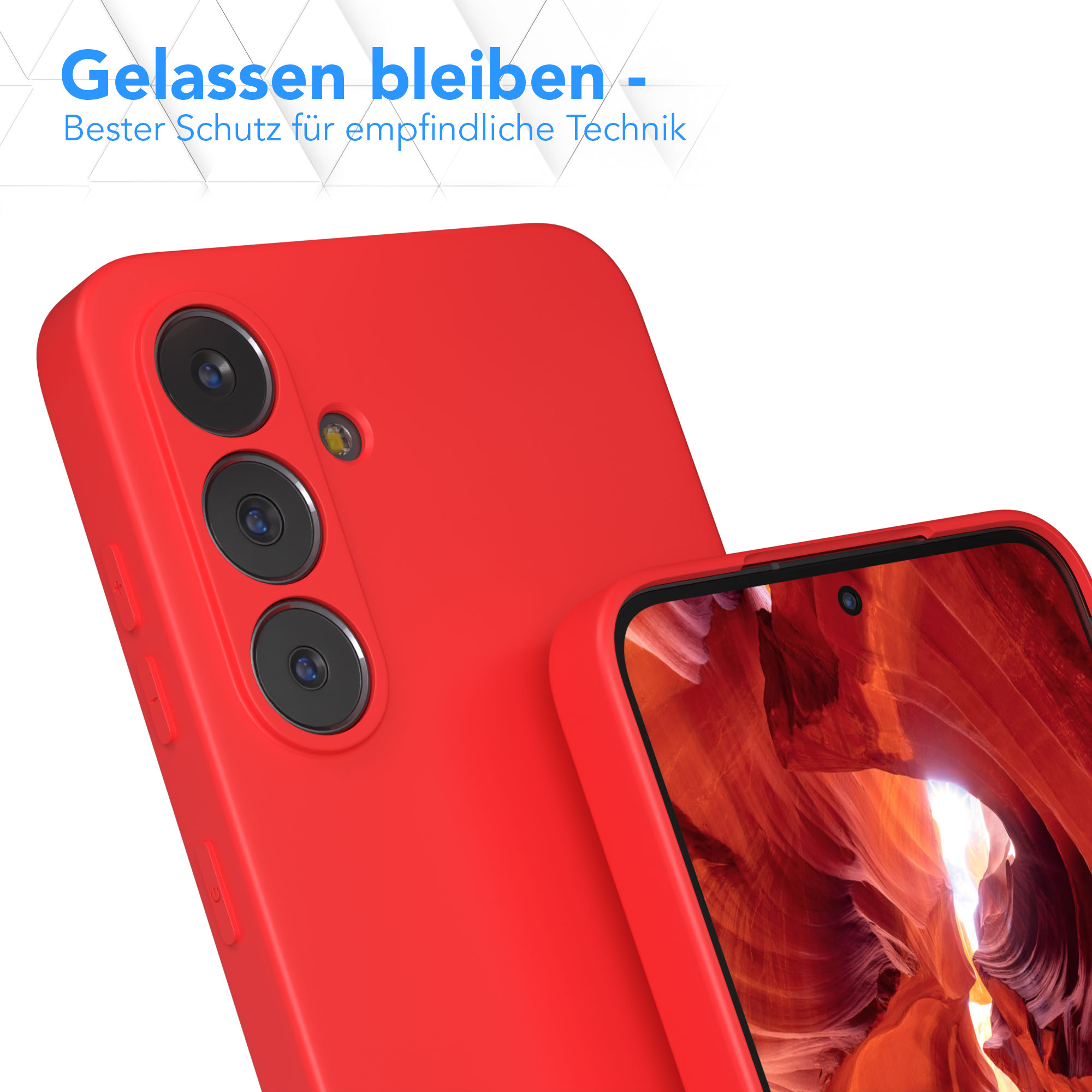 Rote Handyhülle mit Kameralinsen und ein Handy mit einem orangefarbenen Canyon-Bild vor weißem Hintergrund.