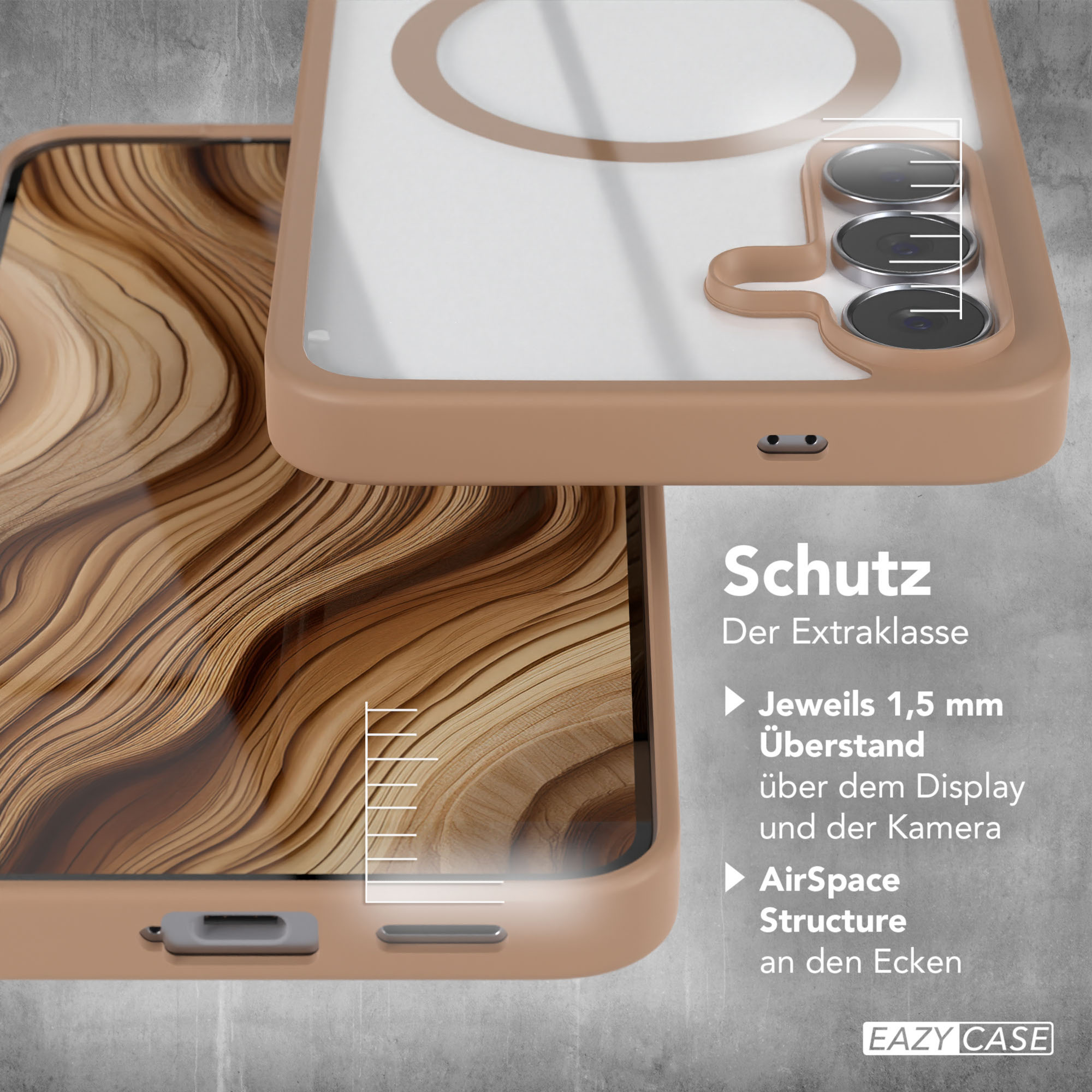Gezeigte Handyhülle, Präsentation von Design und Eigenschaften. Hellbraun mit holzähnlichem Muster innen.