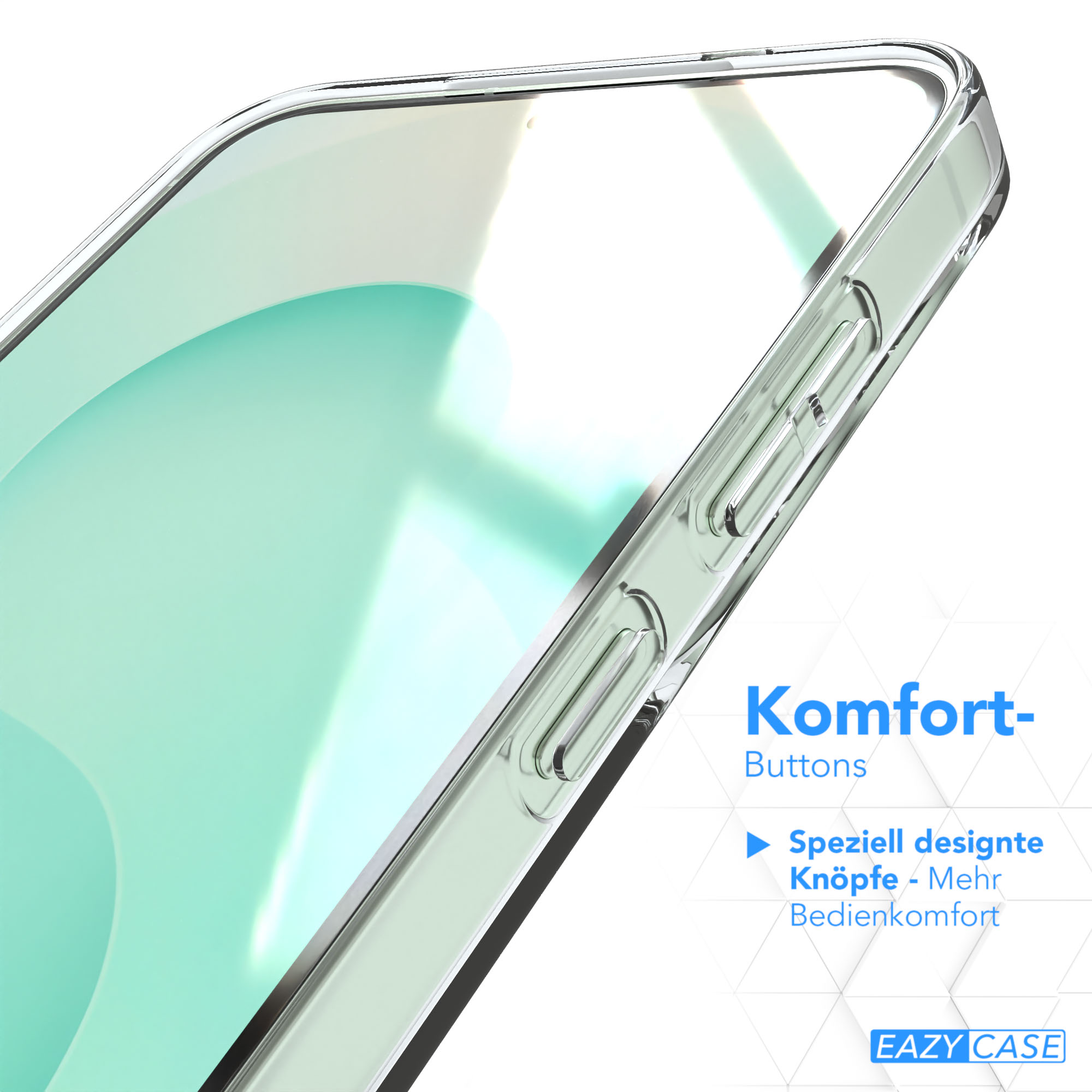 Eine transparente Handyhülle mit Knöpfen wird angezeigt. Die Hülle ist abgewinkelt und zeigt die Seite mit Knöpfen. Weißer Hintergrund.