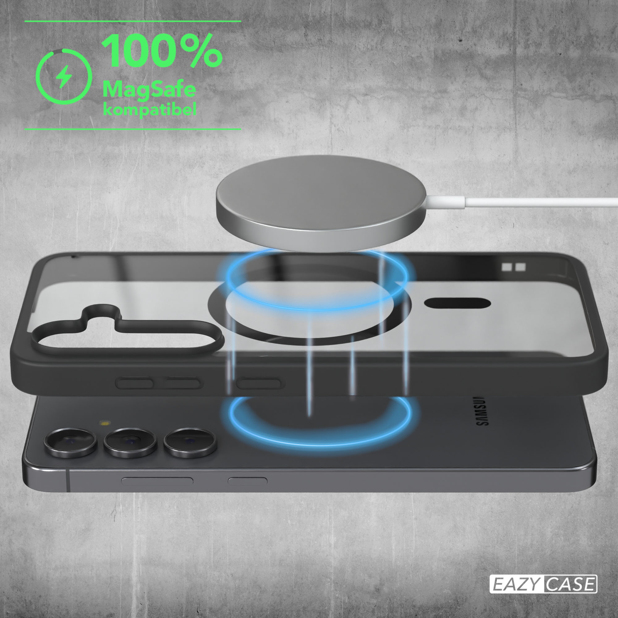 Handyhülle mit MagSafe-Kompatibilität. Ein Ladegerät schwebt über dem Telefon und der Hülle, mit grünem Logo im Hintergrund.