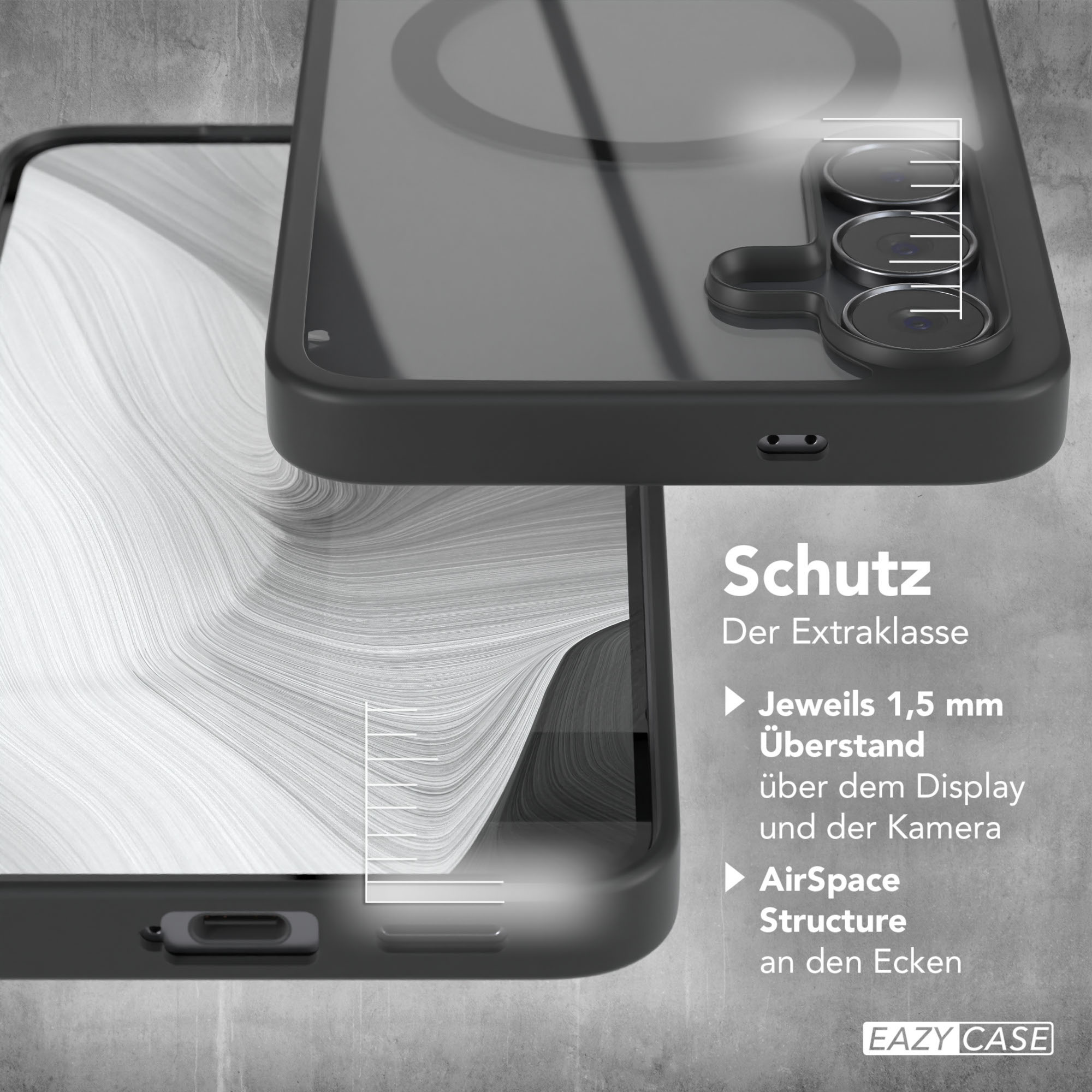 Gezeigte Handyhülle mit Telefon. Die Hülle ist schwarz und hat Schutzfunktionen. Der Hintergrund ist grau.