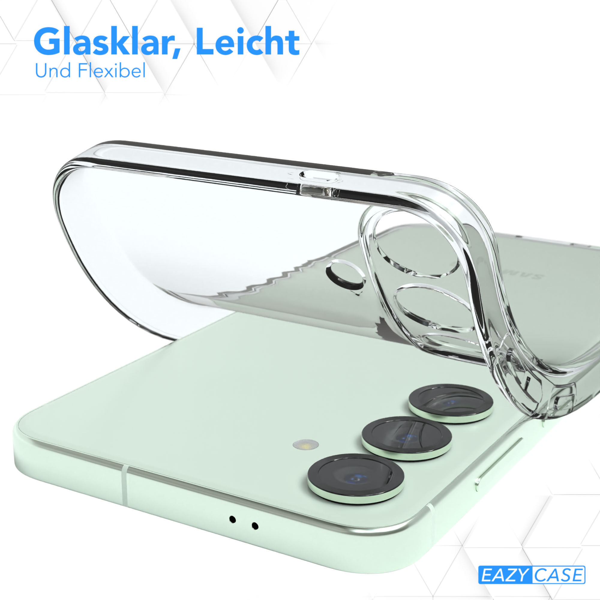 Eine transparente Handyhülle wird über ein hellgrünes Telefon gelegt. Das Telefon hat drei Kameralinsen. Text 'Glaslar, Leicht' oben.
