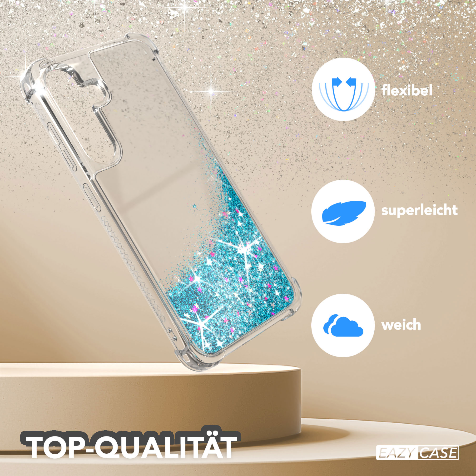Transparente Handyhülle mit blauem Glitzer auf einem Podest. Sie hat flexible, leichte und weiche Eigenschaften. Top-Qualität.