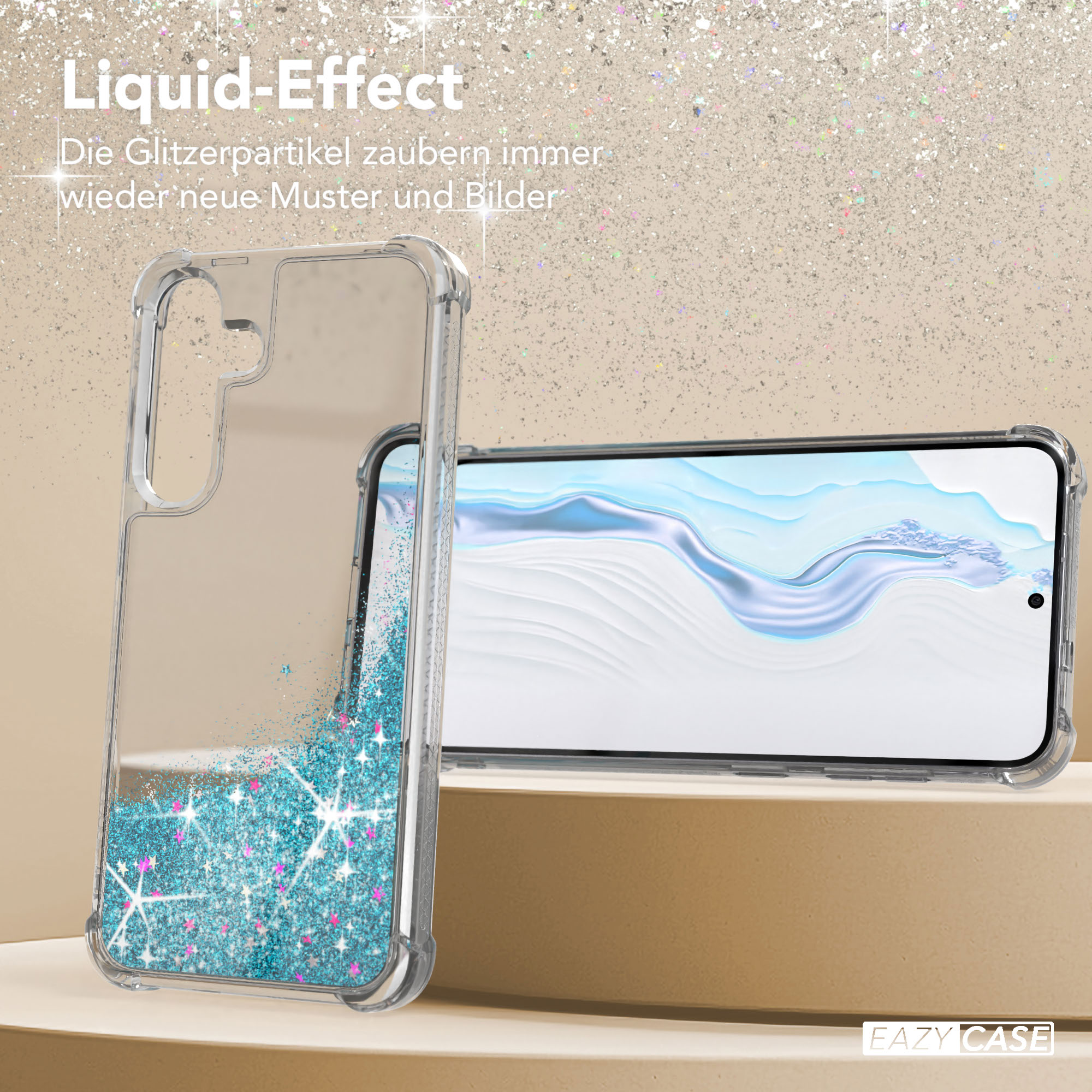 Eine Handyhülle mit Flüssigkeitsglitzer und einem Telefon. Der Hintergrund hat Glitzereffekt.
