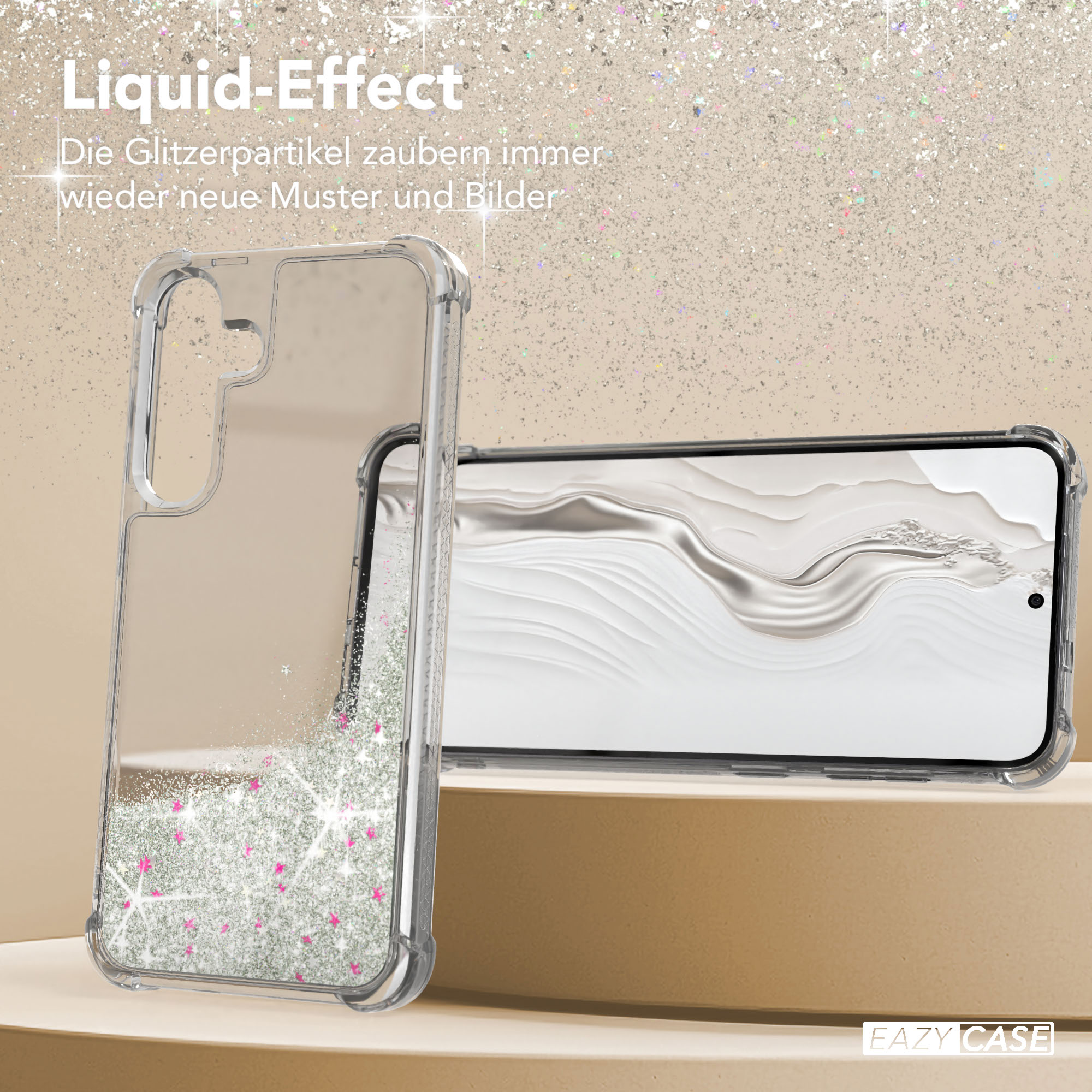 Transparente Handyhülle mit Glitzer und einem Telefon darin. Der Hintergrund ist eine glitzernde beige Oberfläche.