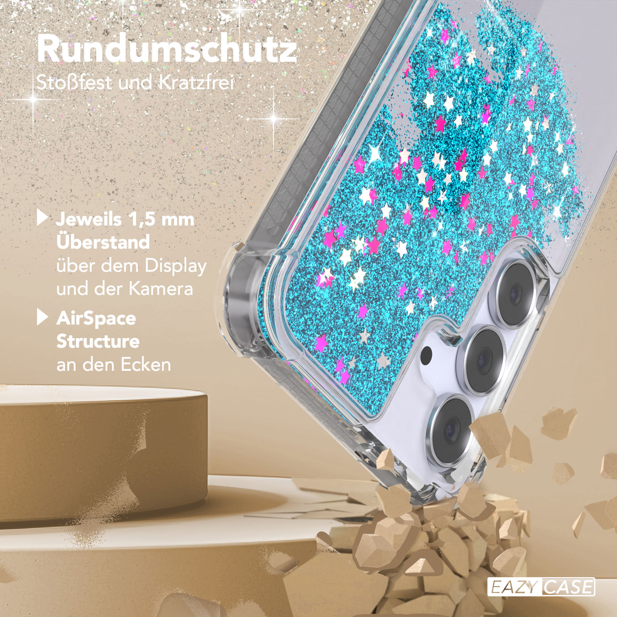 Eine Handyhülle mit blauem Glitzer und Sterndesign. Die Hülle ist abgewinkelt, mit beigem Hintergrund und zerbrochenen Felsenelementen.