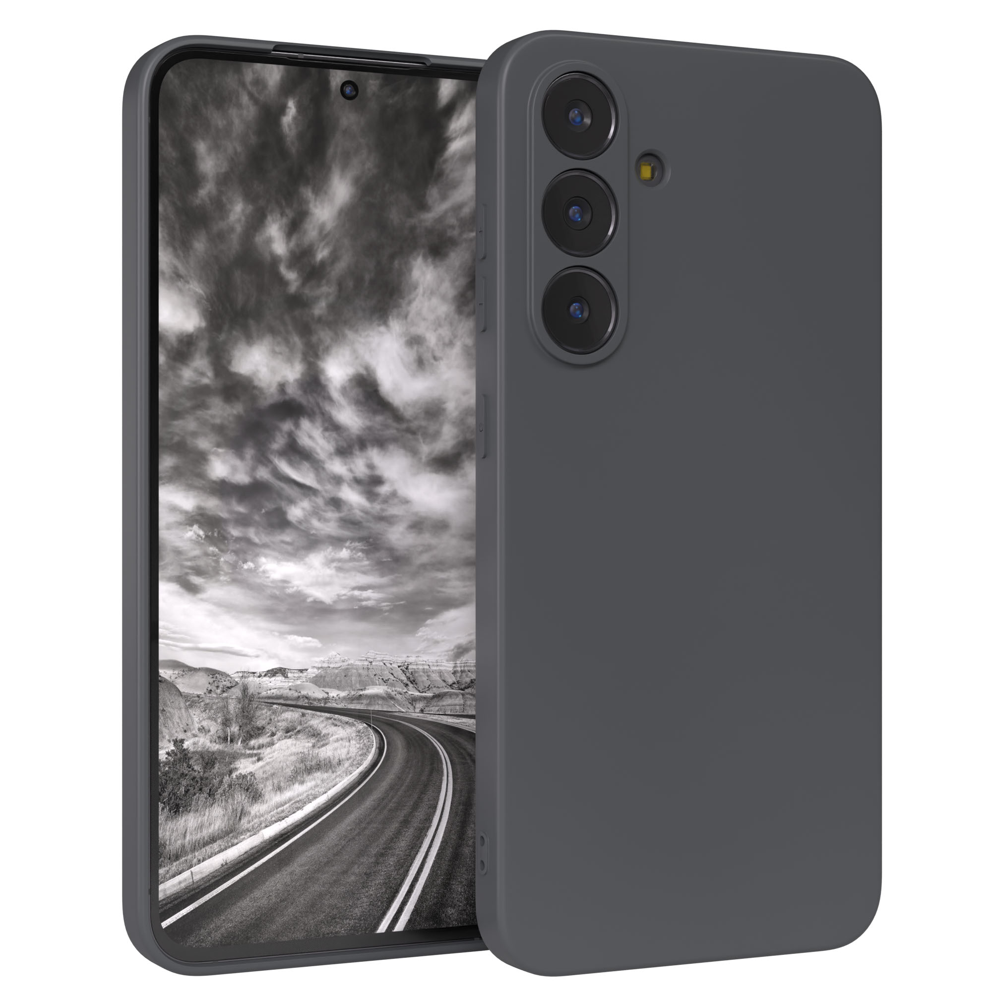 Handyhülle mit Handy, das eine Straßenszene zeigt. Graues Gehäuse und Telefon, mit schwarz-weißer Landschaft auf dem Bildschirm.