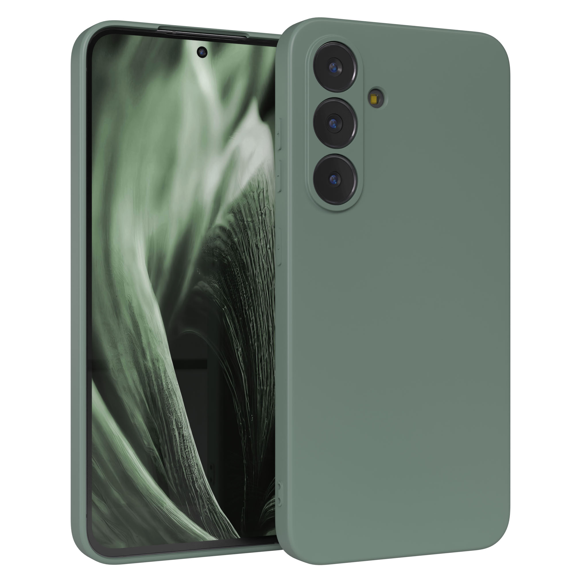Ein grünes Telefon mit Hülle, der Bildschirm zeigt ein grünes abstraktes Muster. Drei Kameralinsen sind sichtbar.