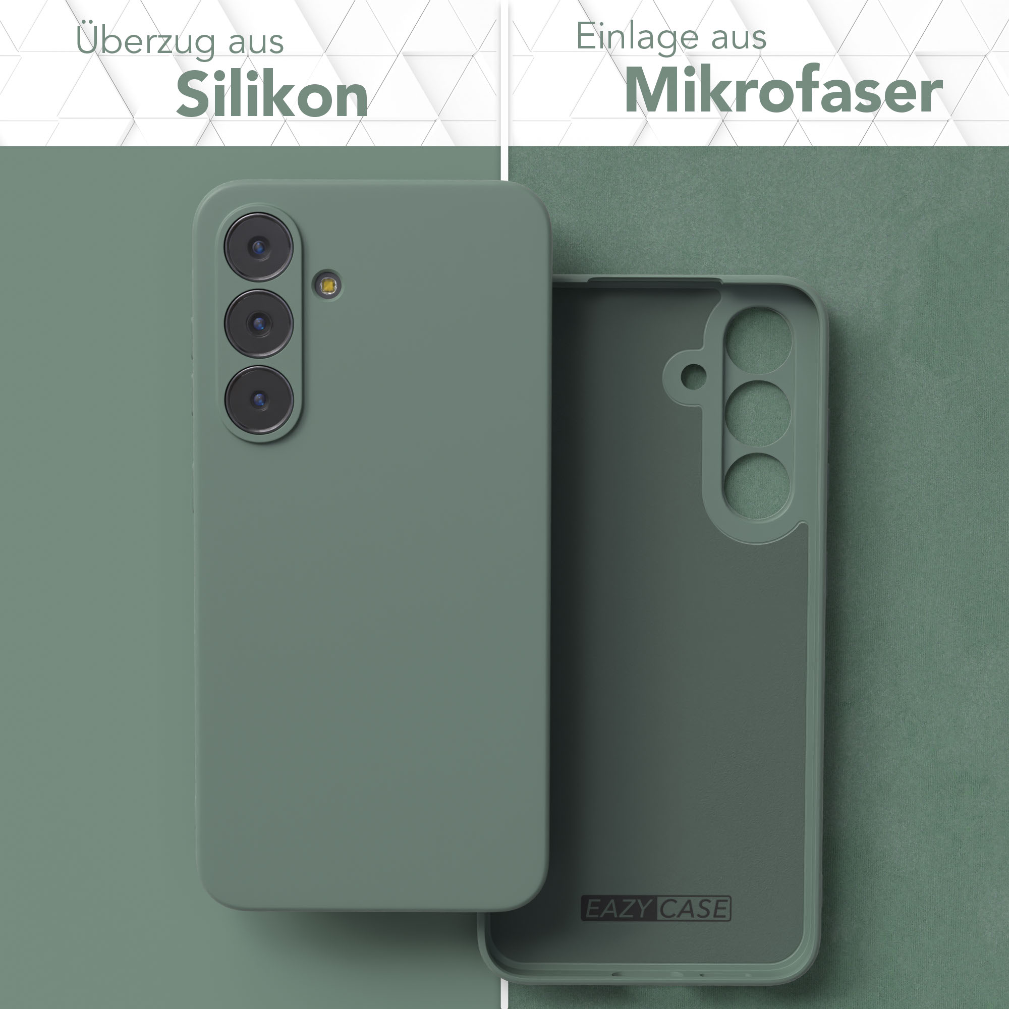 Eine Handyhülle, außen Silikon und innen Mikrofaser. Die Hülle ist olivgrün mit dem Markennamen EAZY CASE.