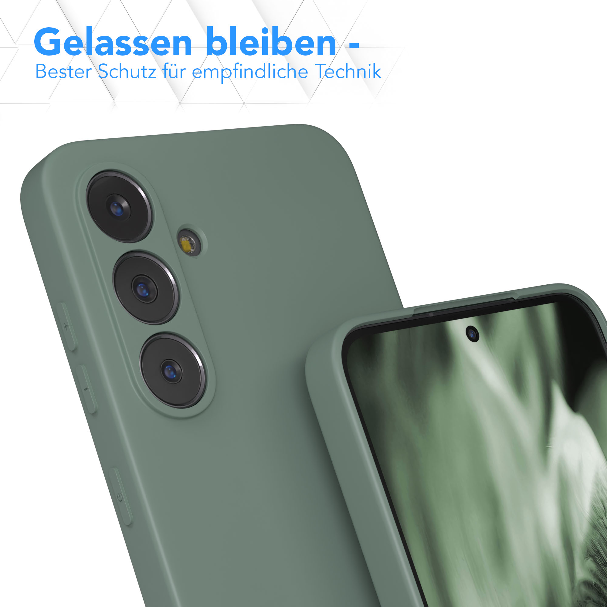 Eine grüne Handyhülle mit einem Telefon darin. Der Text oben lautet 'Gelassen bleiben' und 'Bester Schutz für empfindliche Technik'.