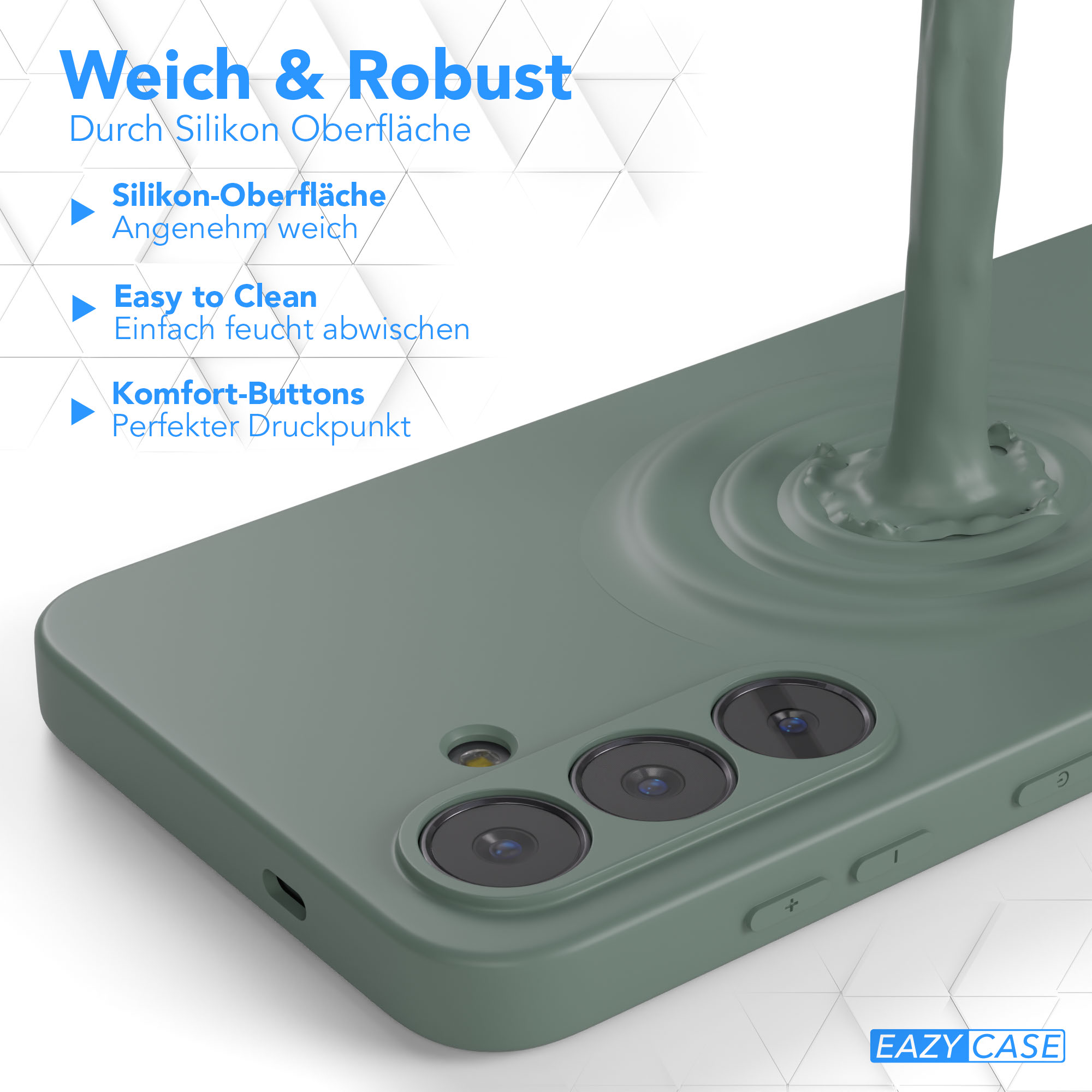 Gezeigte Handyhülle mit Text: Weich & Robust. Merkmale sind Silikonoberfläche, leicht zu reinigen und Komforttasten.