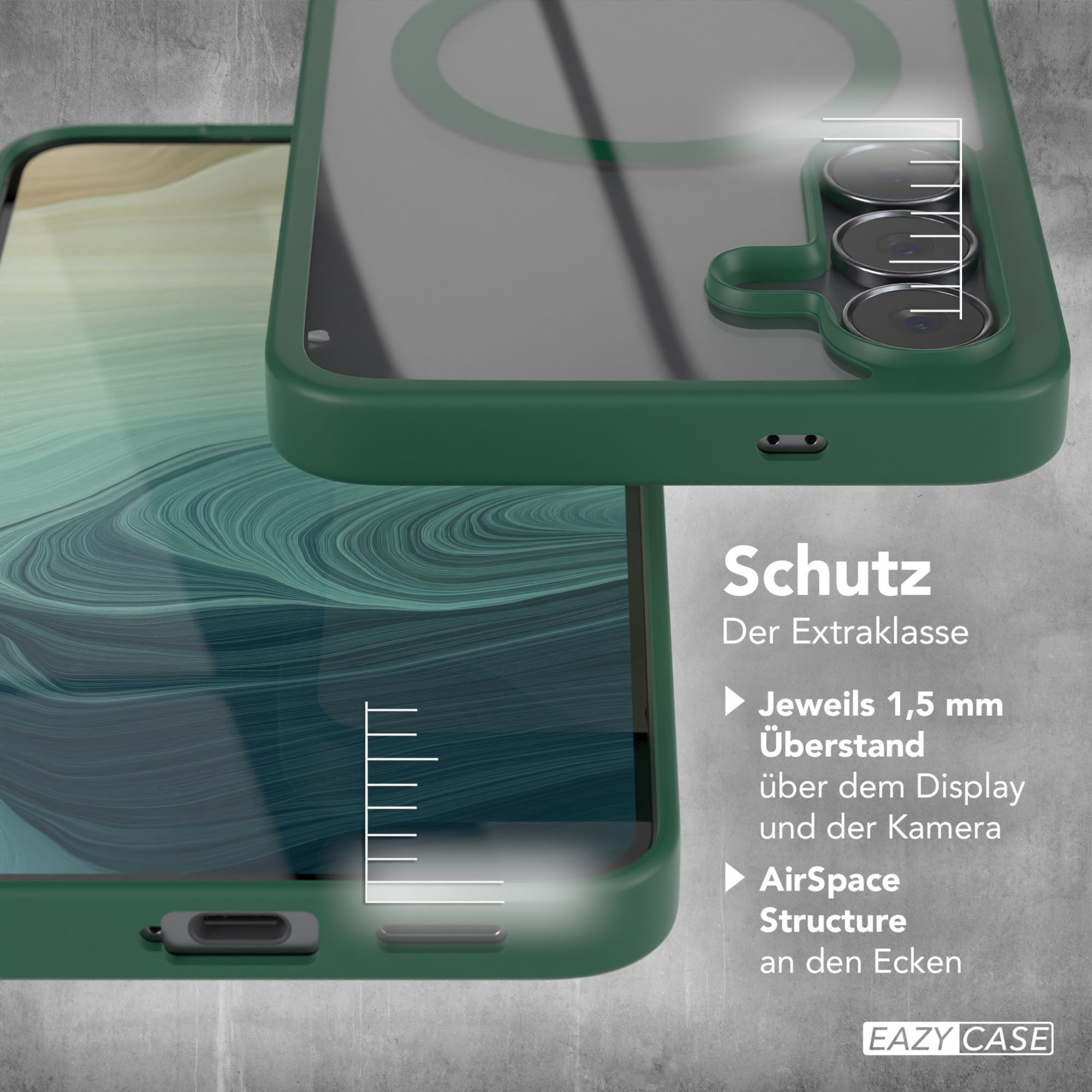 Gezeigte Handyhülle, grün mit klarer Rückseite. Text: Schutz, EAZY CASE und Eigenschaften wie 1,5 mm Überstand und AirSpace-Struktur.