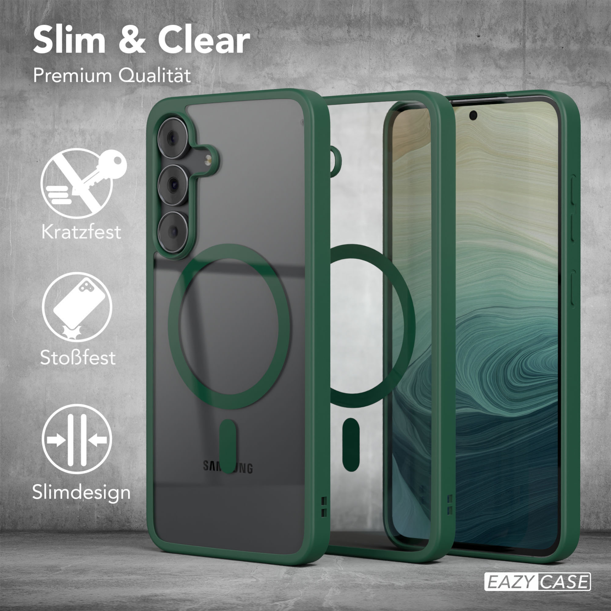 Eine Handyhülle mit einem Telefon darin. Die Hülle ist grün und durchsichtig. Auf der linken Seite befinden sich auch Symbole.