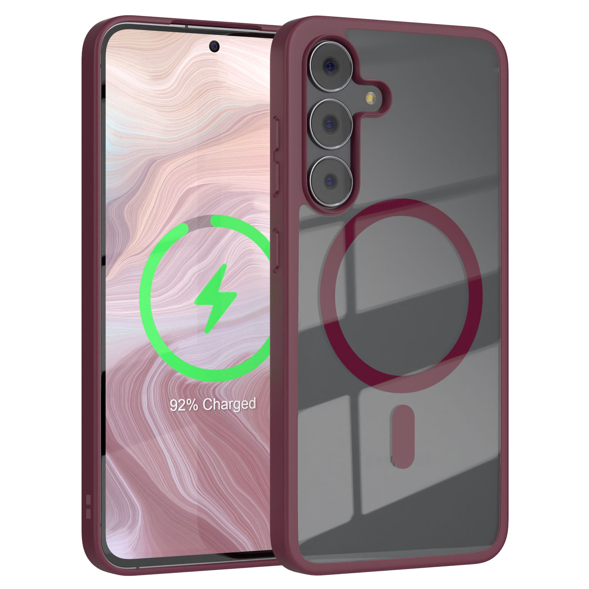 Ein Smartphone mit Ladebildschirm, in einer weinroten Handyhülle. Die Hülle hat eine transparente Rückseite und einen Magnetkreis.