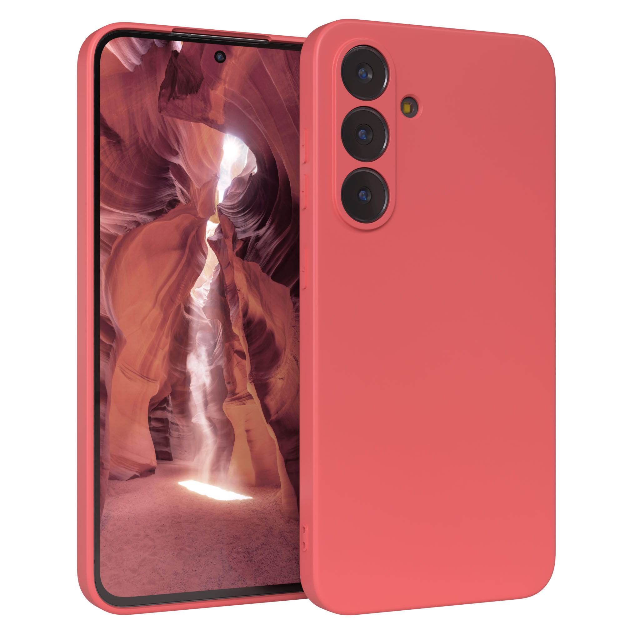 Eine korallenfarbene Handyhülle mit einem Handy. Der Bildschirm zeigt einen Canyon. Drei Kameras sind auf dem Gehäuse.