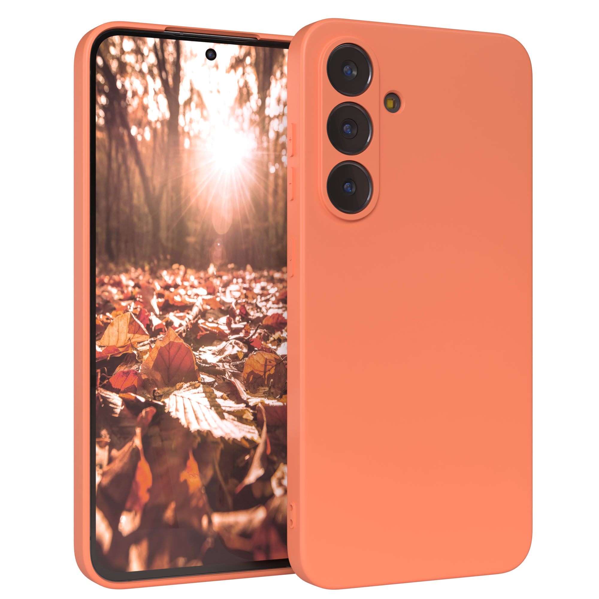 Ein Telefon in einem korallenfarbenen Gehäuse zeigt eine Herbstszene. Blätter bedecken den Boden. Der Hintergrund ist ein Wald mit Sonnenschein.