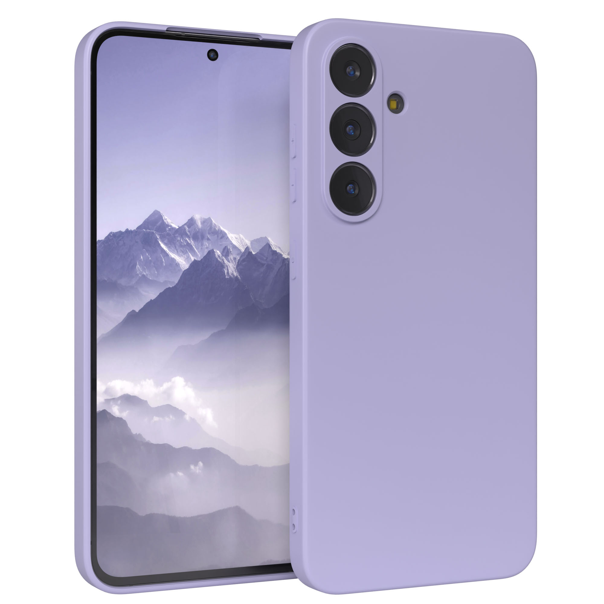 Ein lilafarbenes Smartphone mit einer Bergkette auf dem Bildschirm. Das Telefon hat eine passende Hülle.