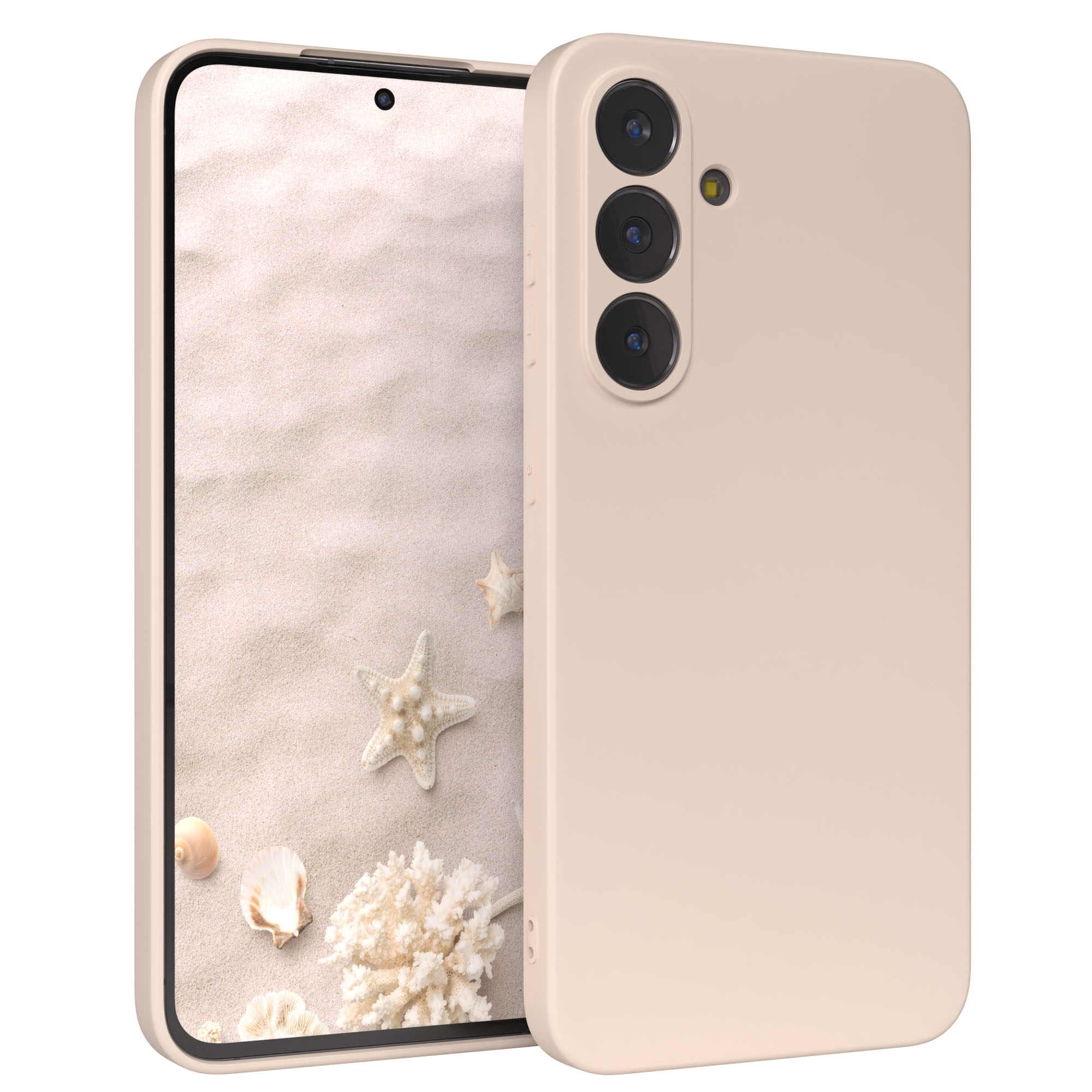 Ein Telefon in einer Hülle zeigt Sand, Seesterne, Muscheln und Korallen. Das Telefon ist hellrosa. Die Hülle ist ebenfalls hellrosa.