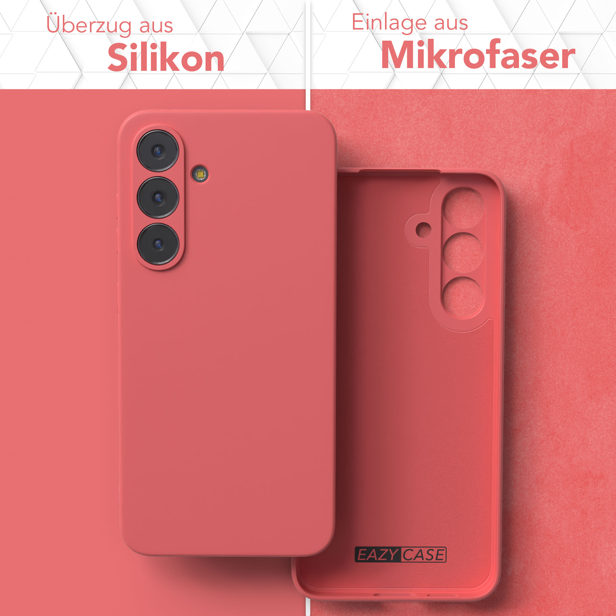 Korallenfarbene Handyhülle und Innenraum. Silikonhülle und Mikrofaserfutter. Text lautet 'Silikon' und 'Mikrofaser'.