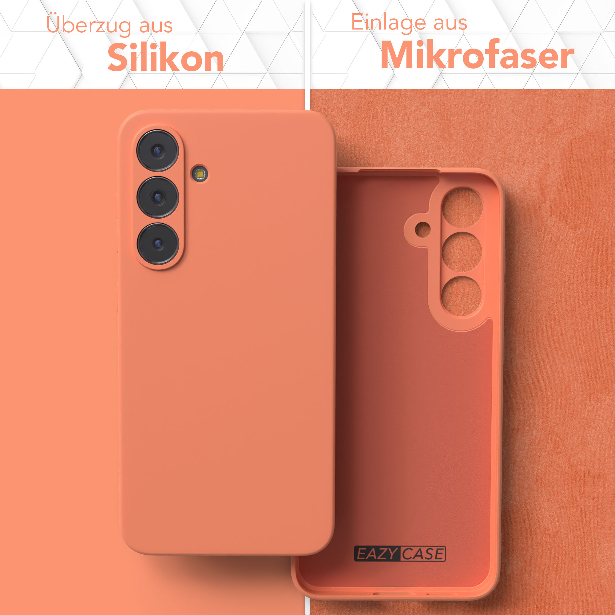 Orangene Handyhülle und ihr Inneres, nebeneinander. Zeigt ein Telefon mit drei Kameras. Der Hintergrund ist strukturiert.