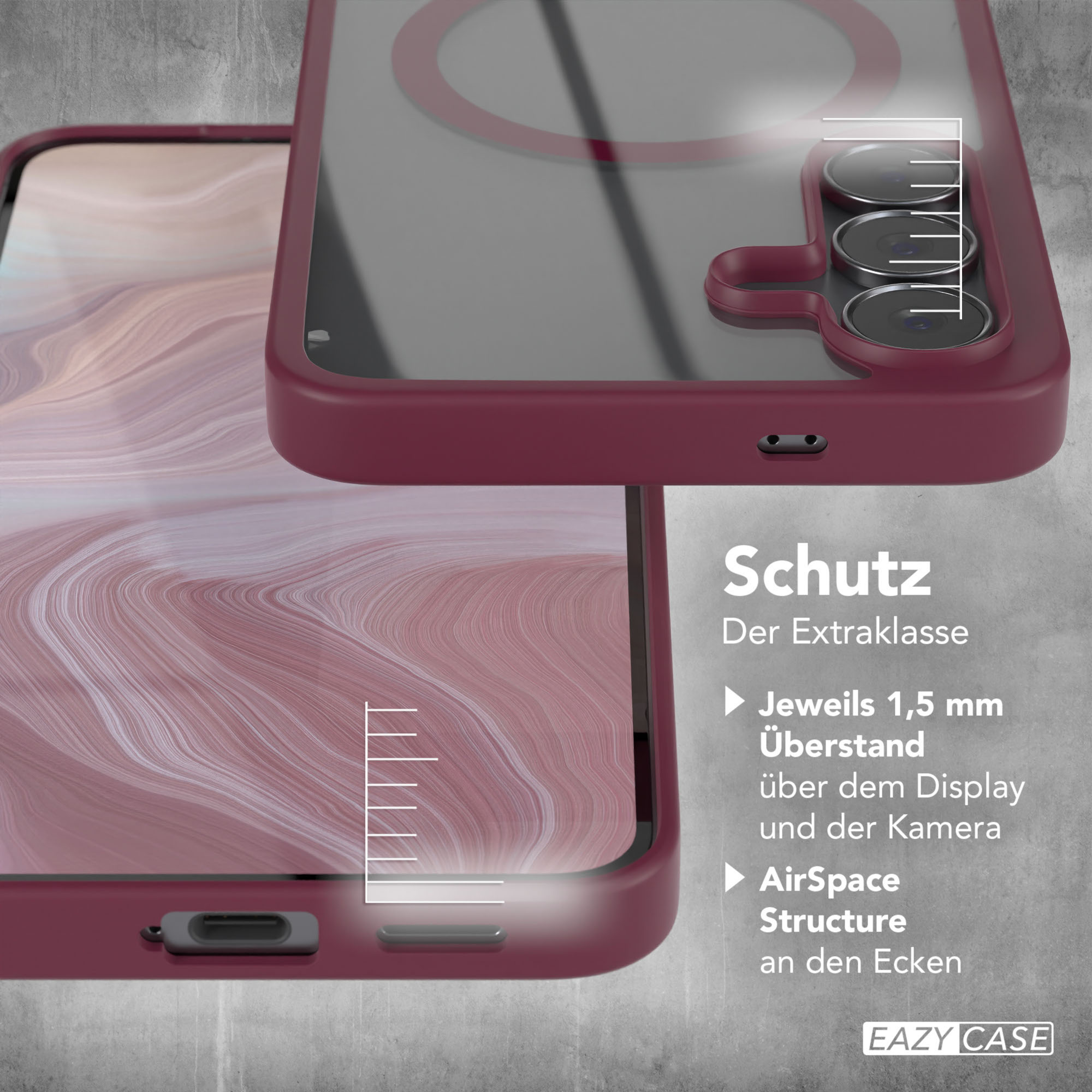 Eine weinrote Handyhülle liegt auf einer Oberfläche. Sie hat eine transparente Rückseite, die Kamera ist sichtbar. Text rechts.