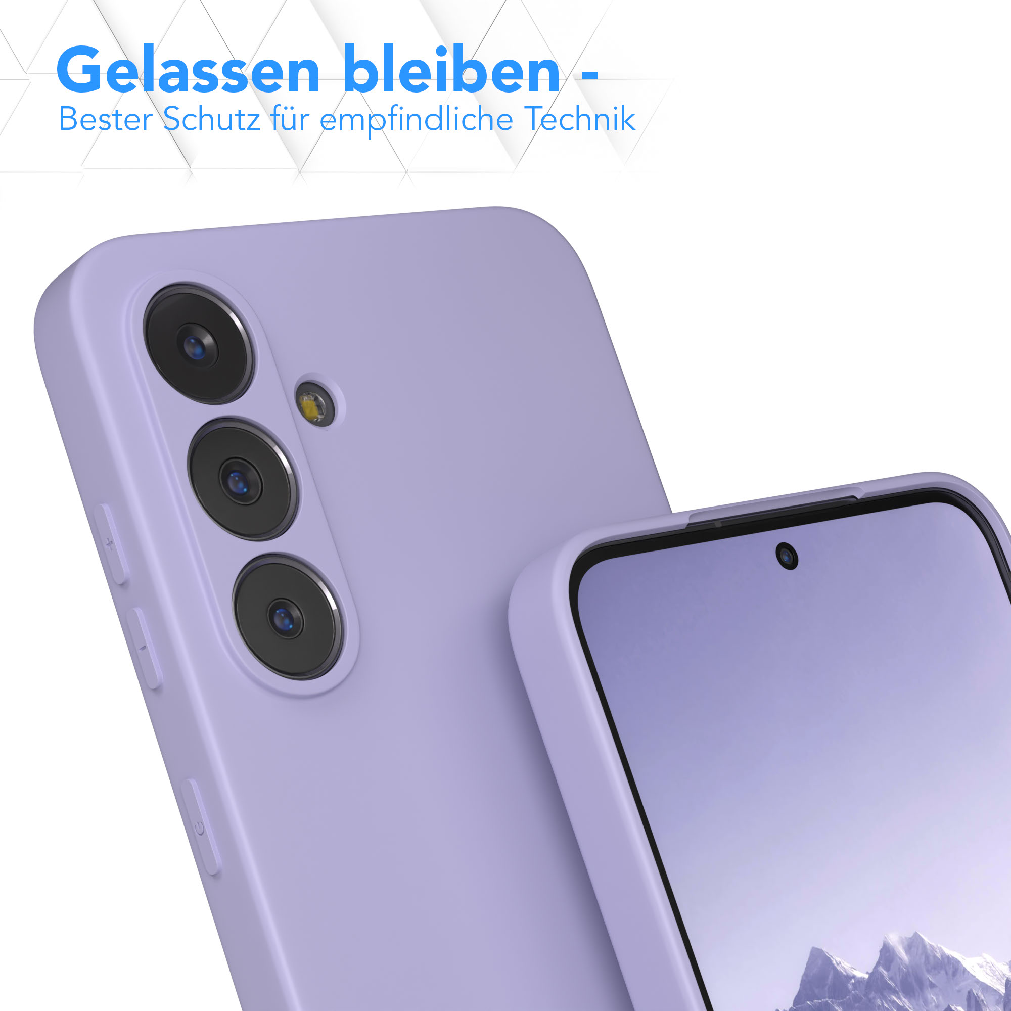Nahaufnahme von zwei lila Handyhüllen, eine mit dem Telefon, die andere zeigt die Kameralinsen.