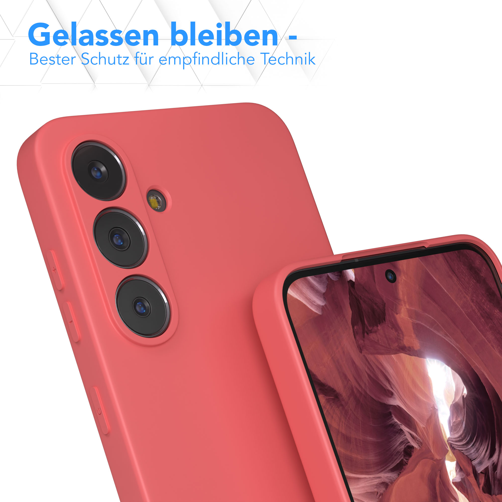 Eine korallenfarbene Handyhülle mit einem Telefon darin. Der Hintergrund zeigt Text auf Deutsch.