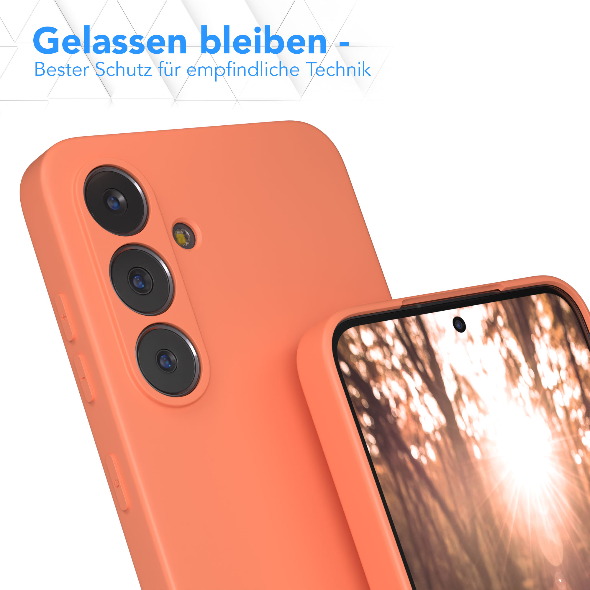 Pfirsichfarbene Handyhülle neben einem Telefon. Der Bildschirm zeigt eine verschwommene Waldszene. Weißer Text oben.