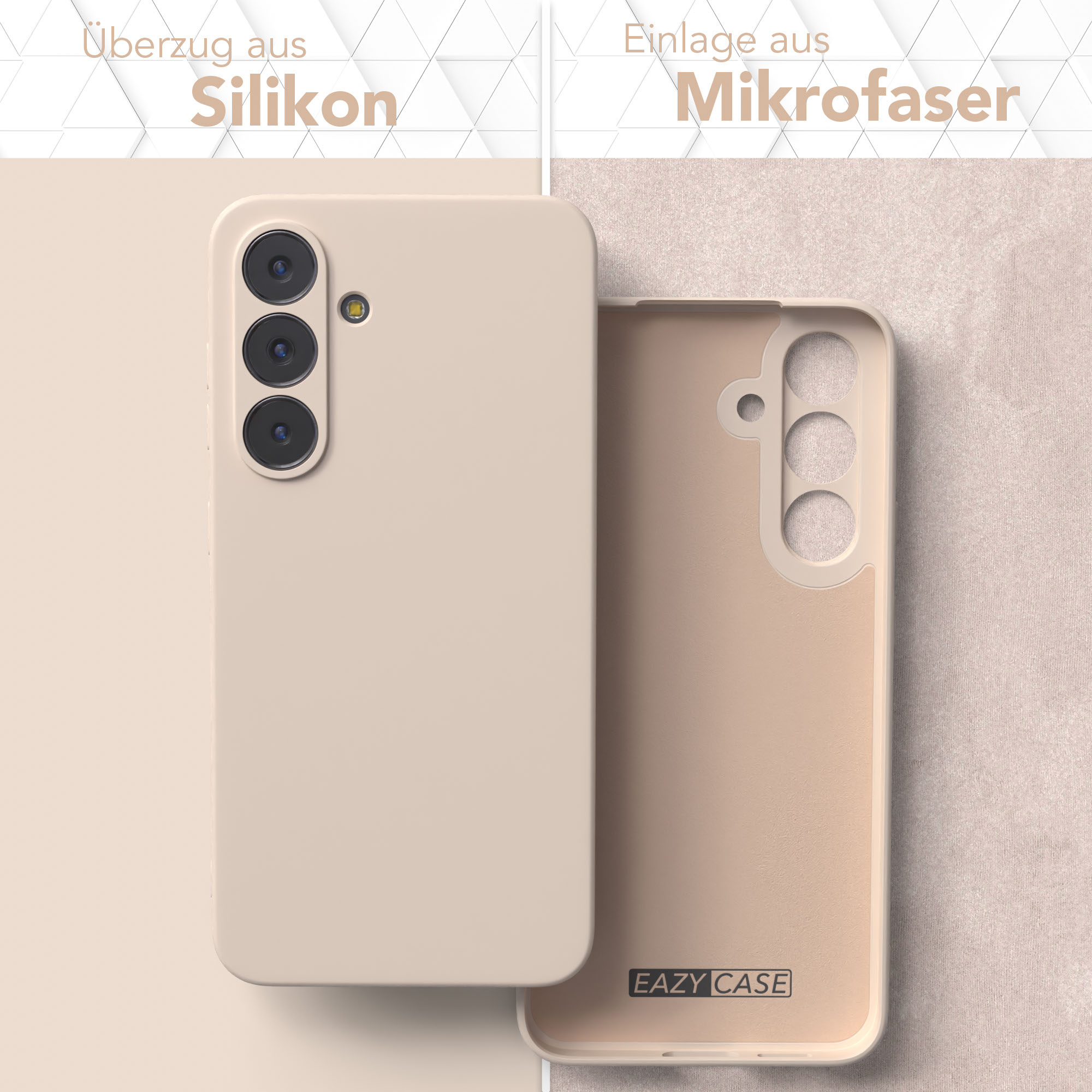 Ein Telefoncase und sein Inneres werden gezeigt. Das Case ist beige, mit den Worten 'EAZY CASE'.