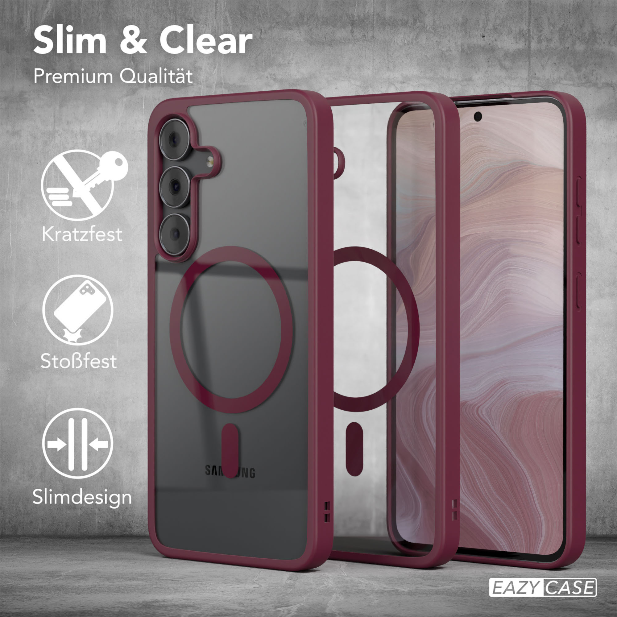 Eine Handyhülle mit Telefon, drei Schichten, bordeauxroter Rahmen. Text: Slim & Clear, Premium Qualität, Kratzfest, Stoßfest, Slimdesign.