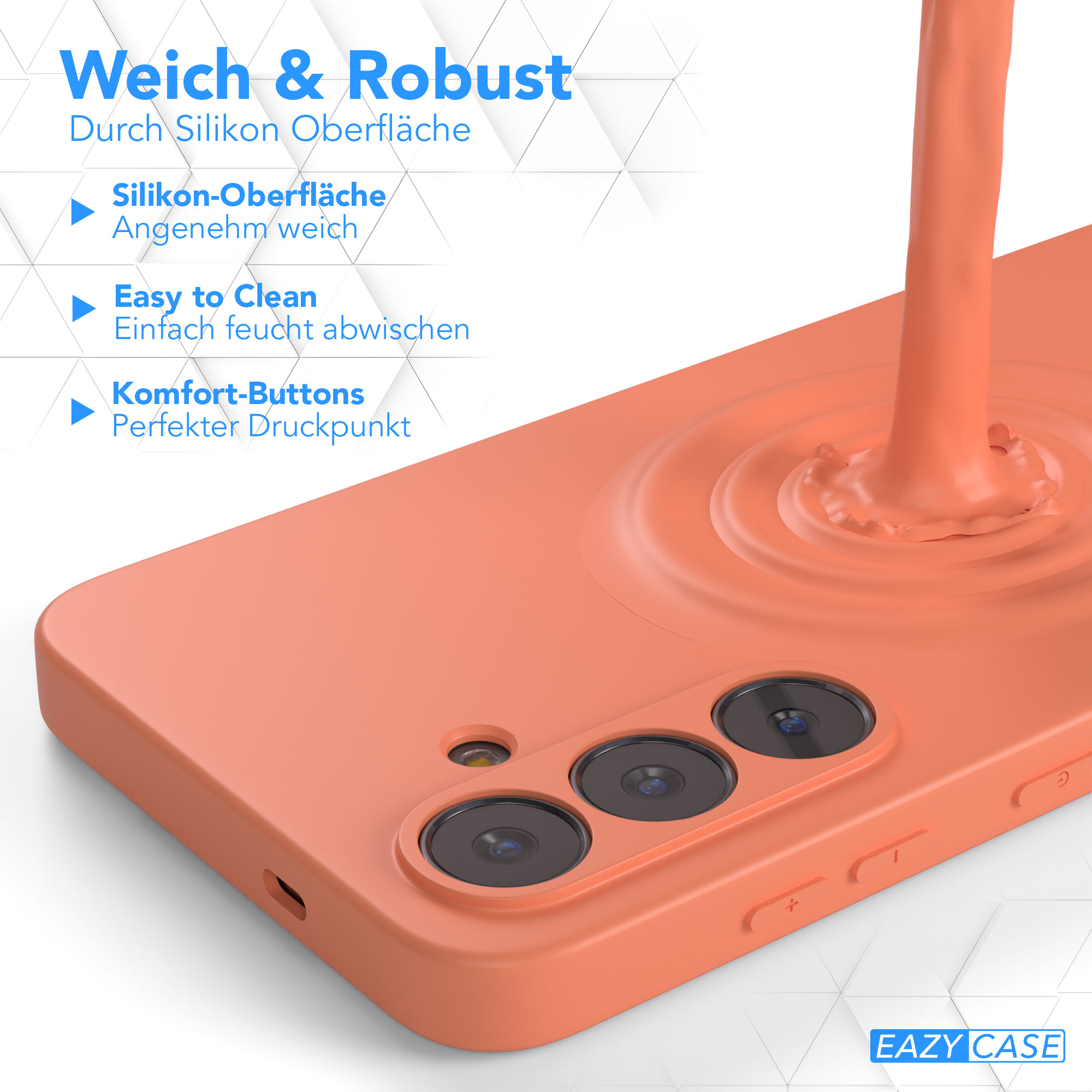Eine orangefarbene Handyhülle mit Kameralinsen, Flüssigkeit, die gegossen wird, und Text: Weich & Robust, Easy to Clean, Komfort-Buttons.