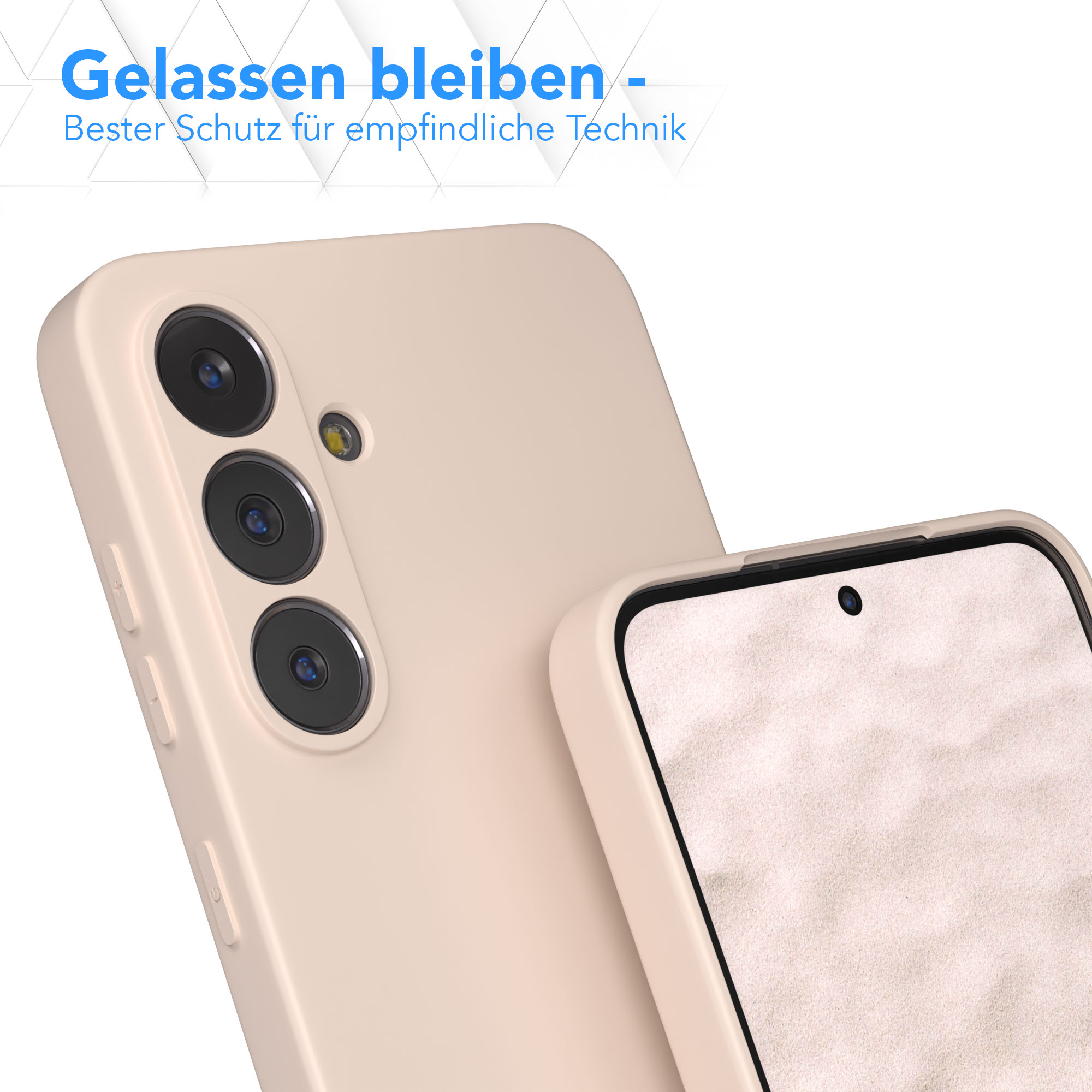 Nahaufnahme eines Telefons in einer beigen Hülle, mit mehreren sichtbaren Kameralinsen. Daneben liegt ein weiteres Telefon.