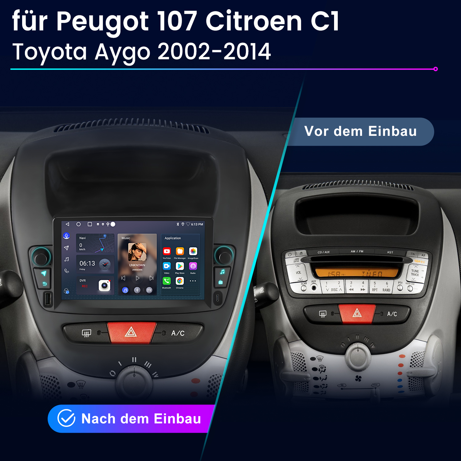 Aut Armaturenbrett, Vorher-Nachher-Installation eines neuen Multimedia-Systems. Radio und Bildschirm.