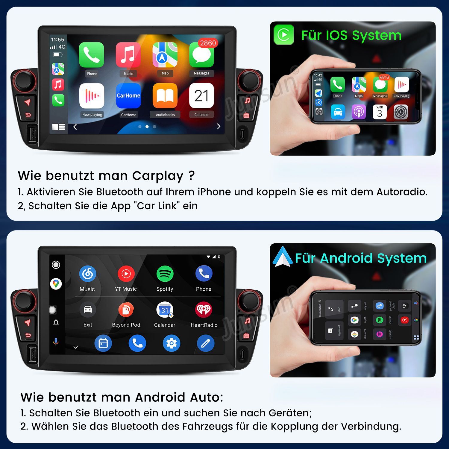 Das Bild zeigt Auto-Infotainment-Bildschirme mit Anweisungen zur Einrichtung von CarPlay und Android Auto. iOS- und Android-Systembeispiele.