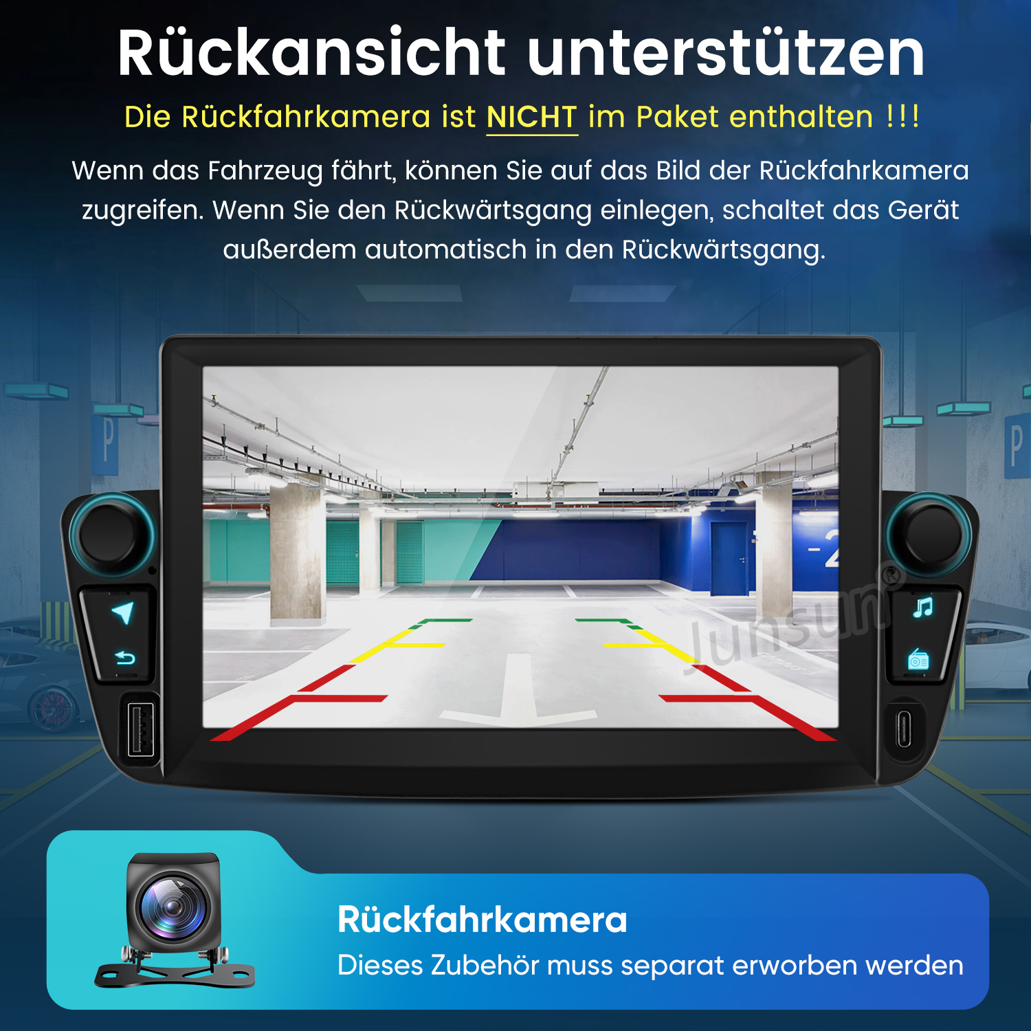 Autobildschirm mit Parkhausansicht und farbigen Linien. Rückfahrkamera unten, Text: Rückfahrkamera, separat erhältlich.