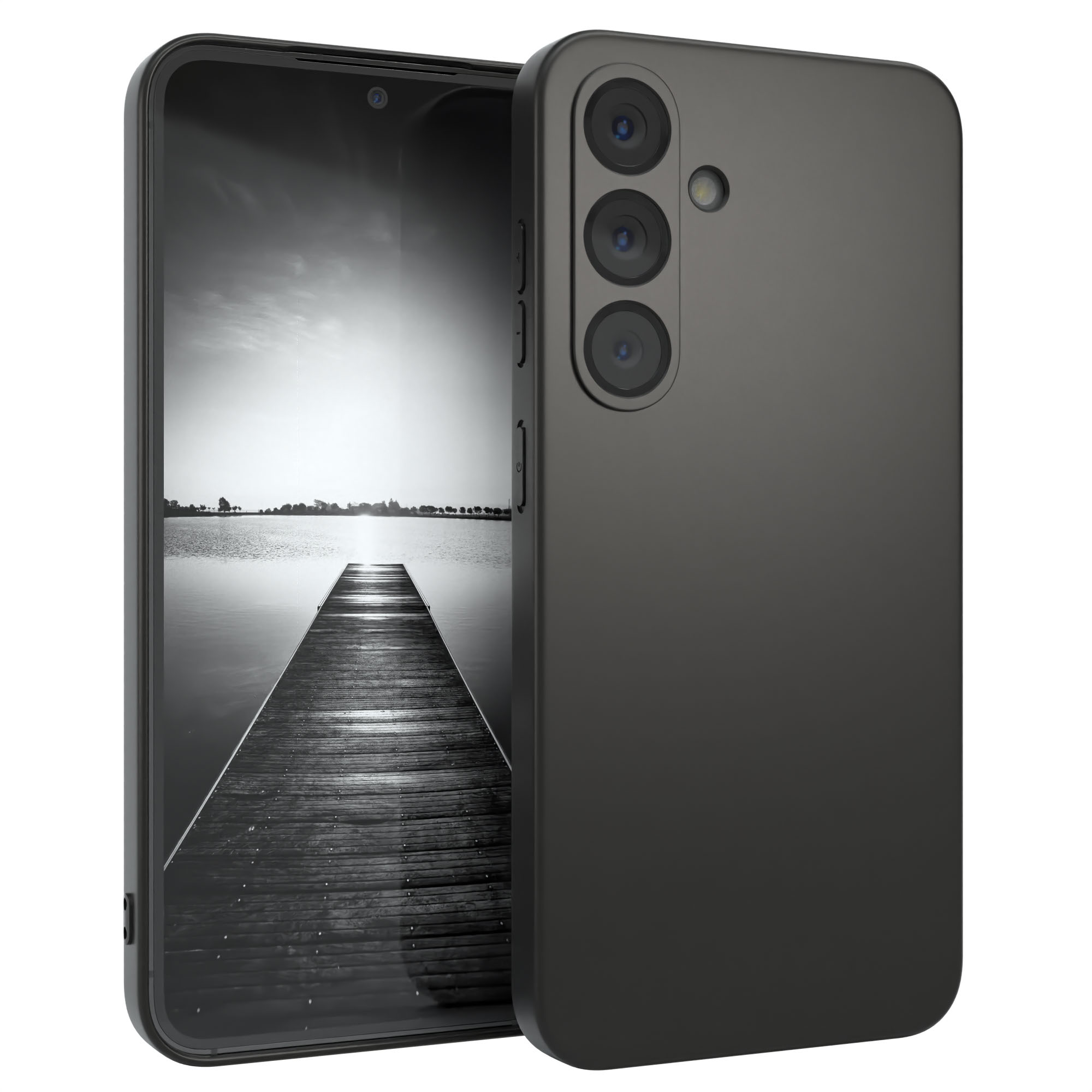 Ein Smartphone mit schwarzem Gehäuse zeigt ein Schwarz-Weiß-Bild eines Piers, der sich in einen See erstreckt.