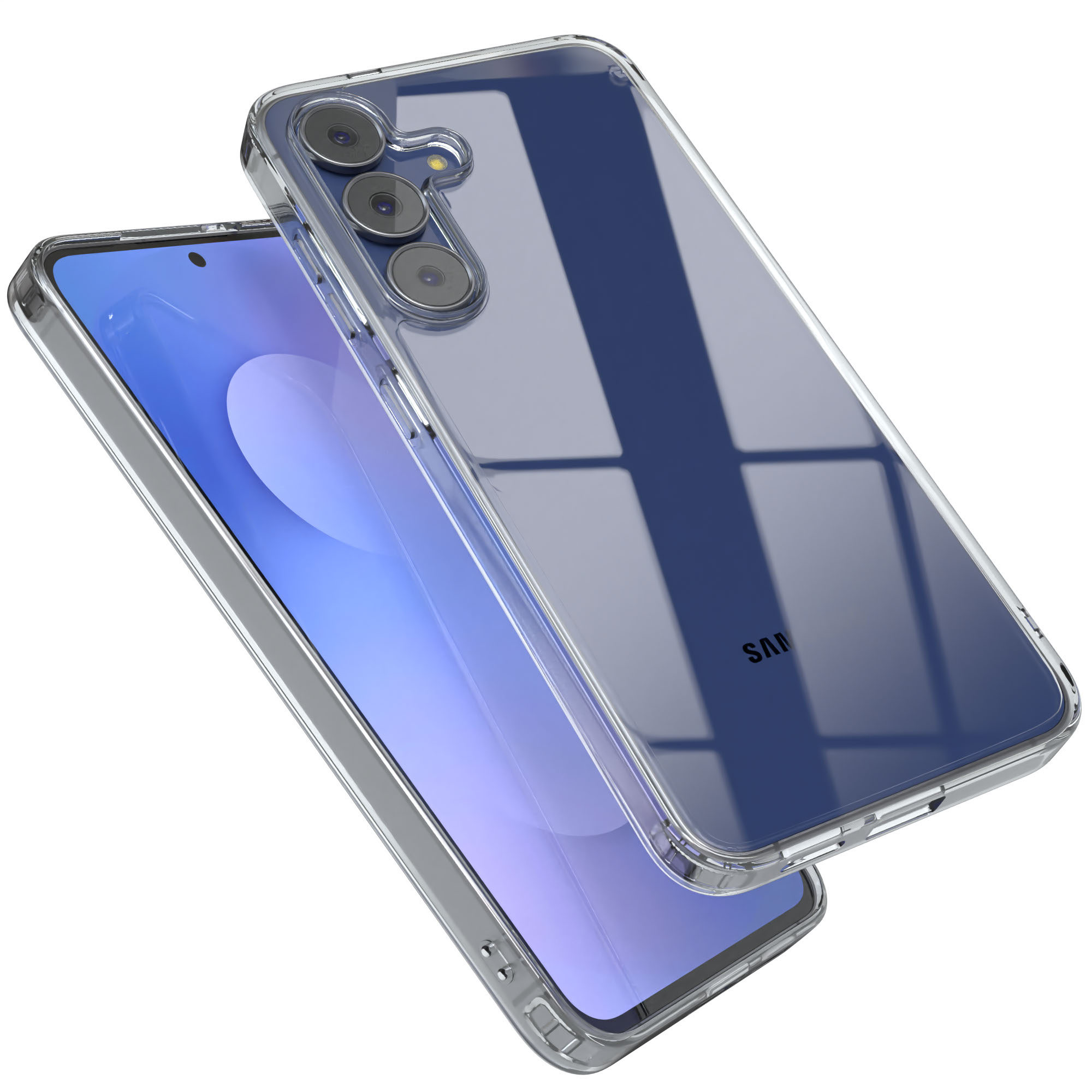 Transparente Handyhülle über einem Telefon mit blauem Bildschirm. Die Hülle hat Kameraausschnitte. Das Telefon ist ein Samsung.