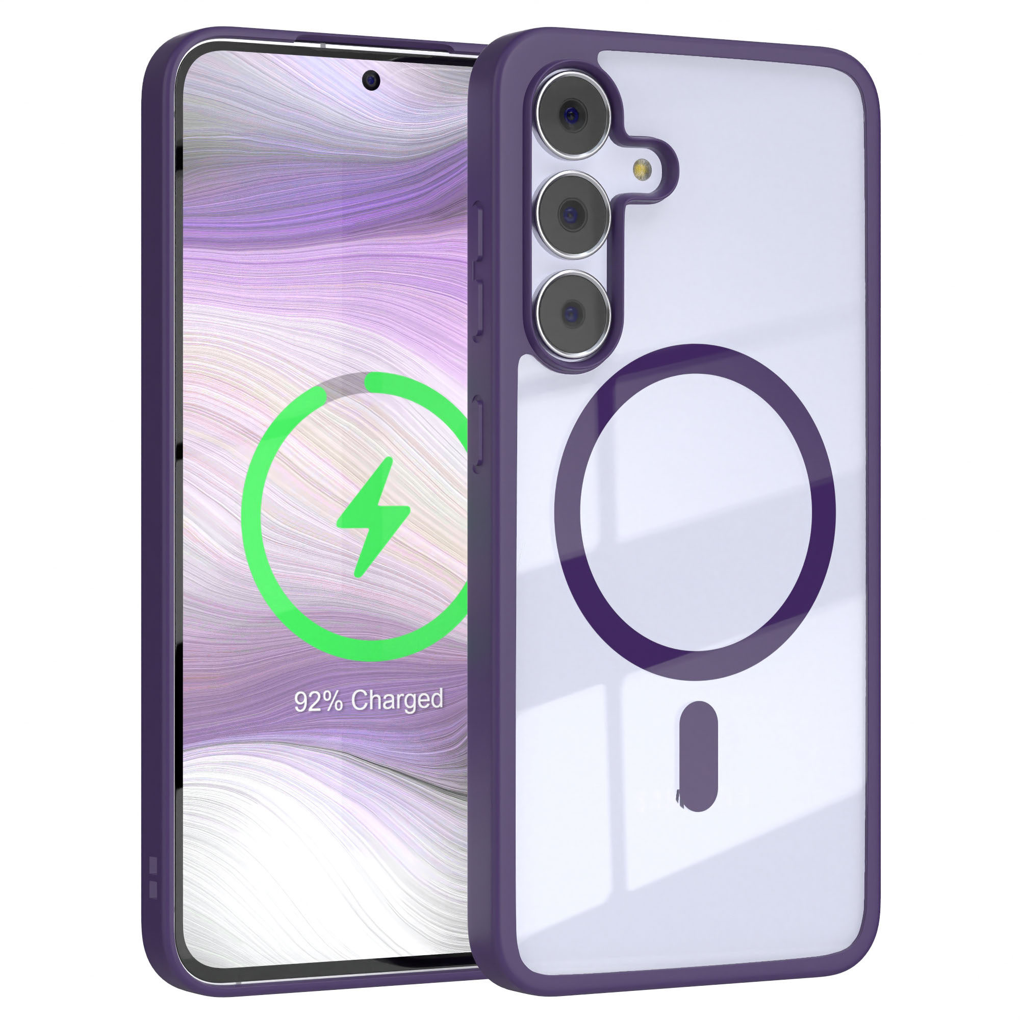 Ein Smartphone in einer lila Hülle mit Ladebildschirm. Die Hülle hat eine transparente Rückseite mit kreisförmigem Design.