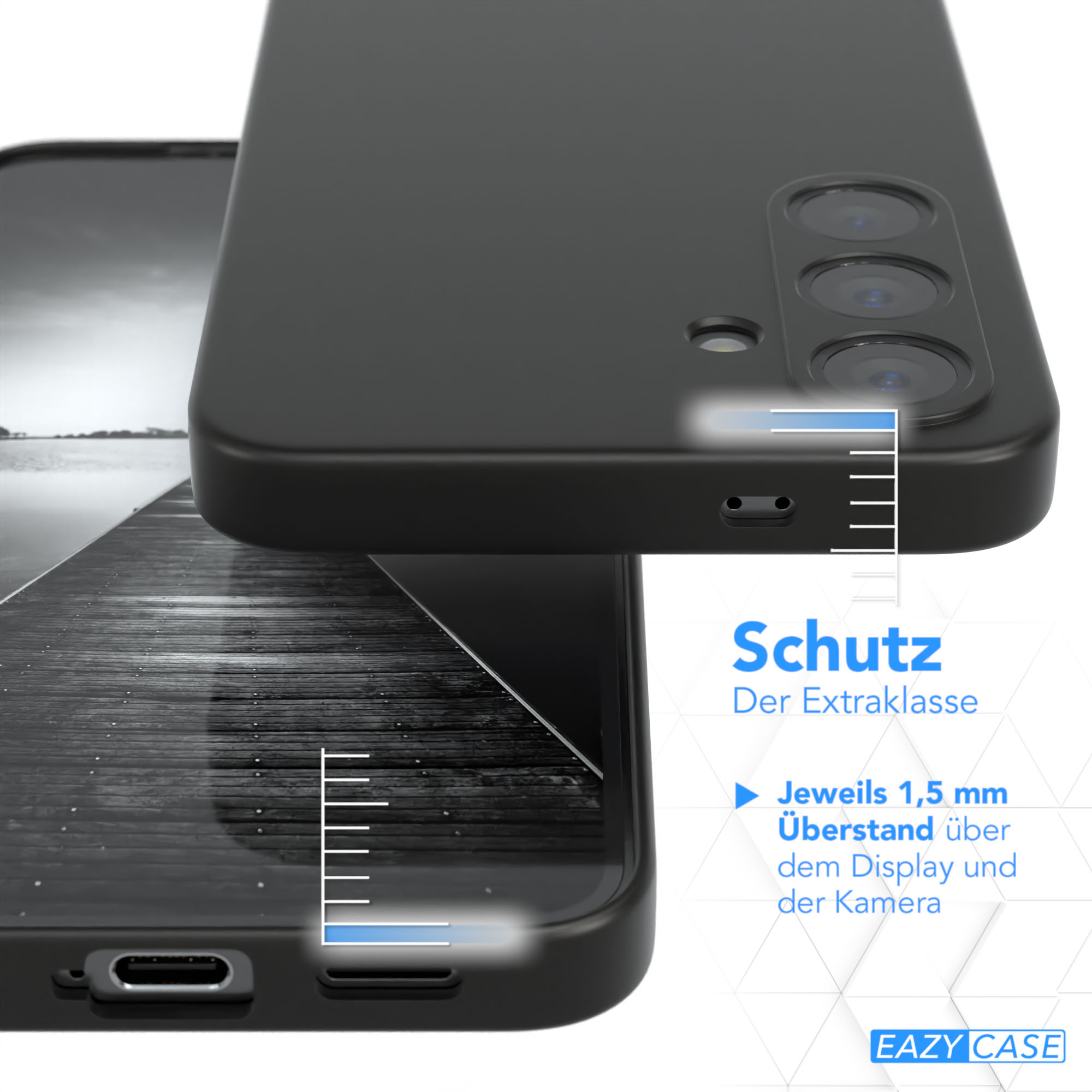Schwarze Handyhülle mit Kameraausschnitten, Text mit 1,5 mm Display- und Kameraerhöhung und einem Steg-Bild.