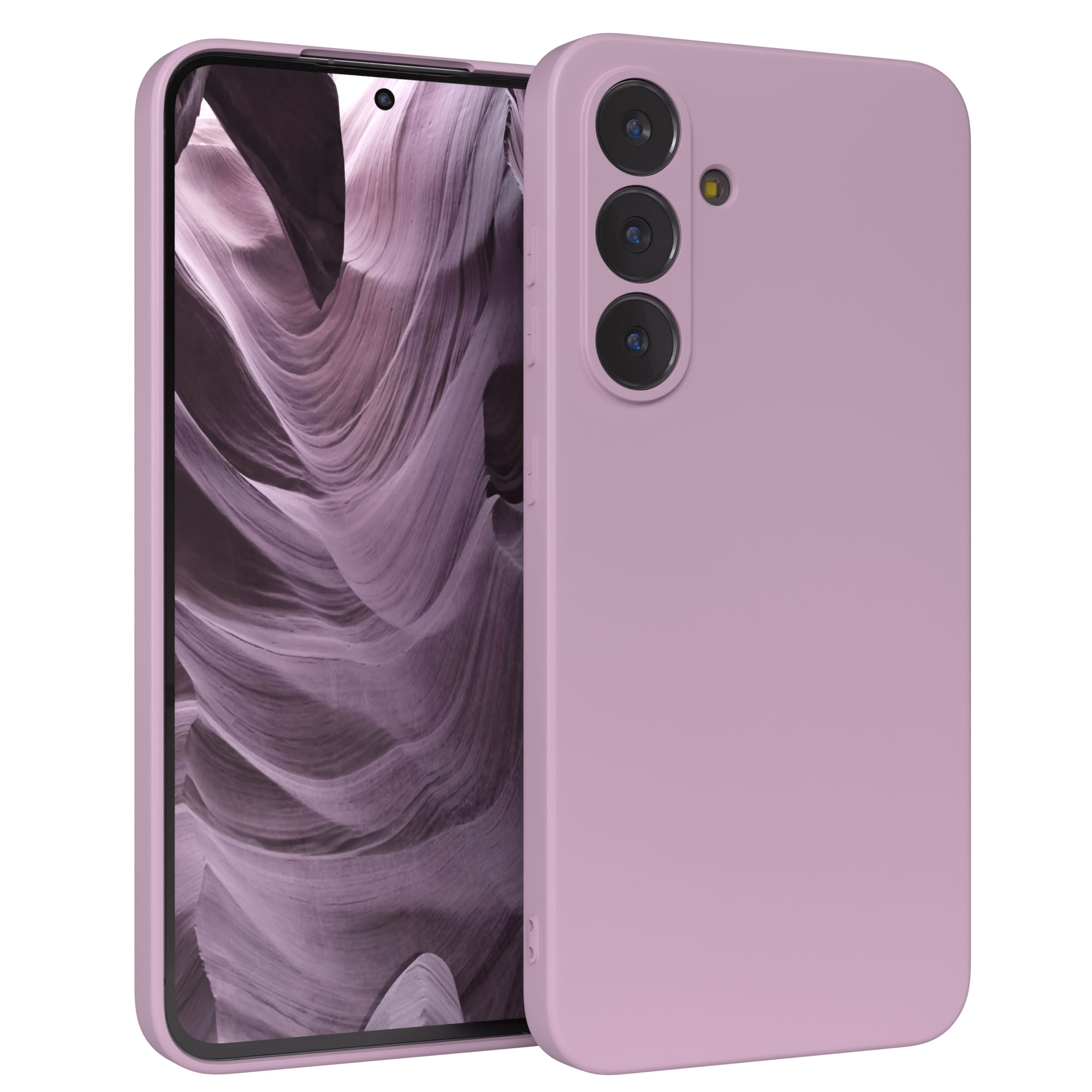 Ein pinkfarbenes Telefon mit Hülle, der Bildschirm zeigt eine Felsformation. Die Hülle hat drei Kameras.
