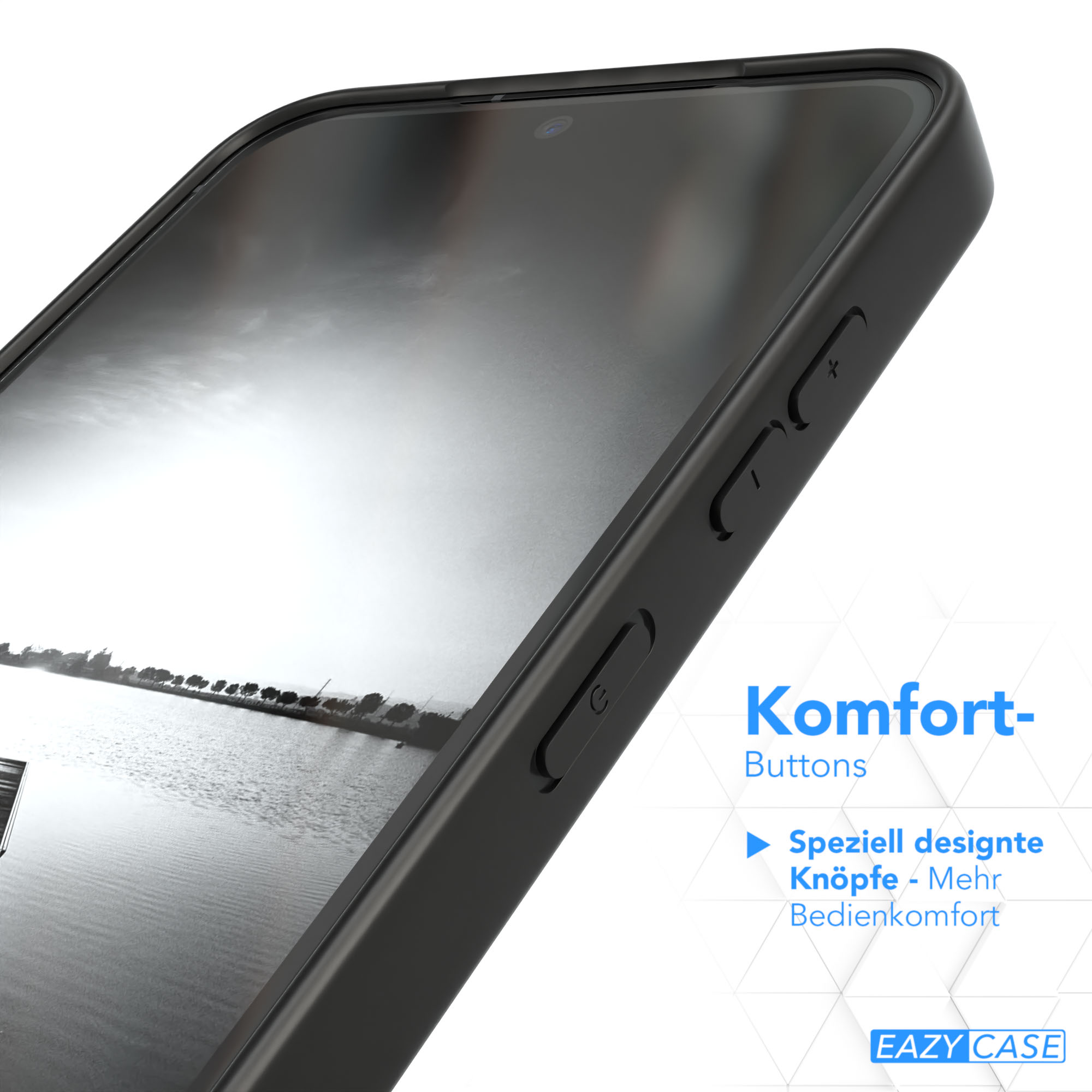 Schwarze Handyhülle mit Knöpfen. Der Bildschirm zeigt eine Landschaftsansicht mit Wasser und Bäumen. Text: 'Komfort-Buttons'.