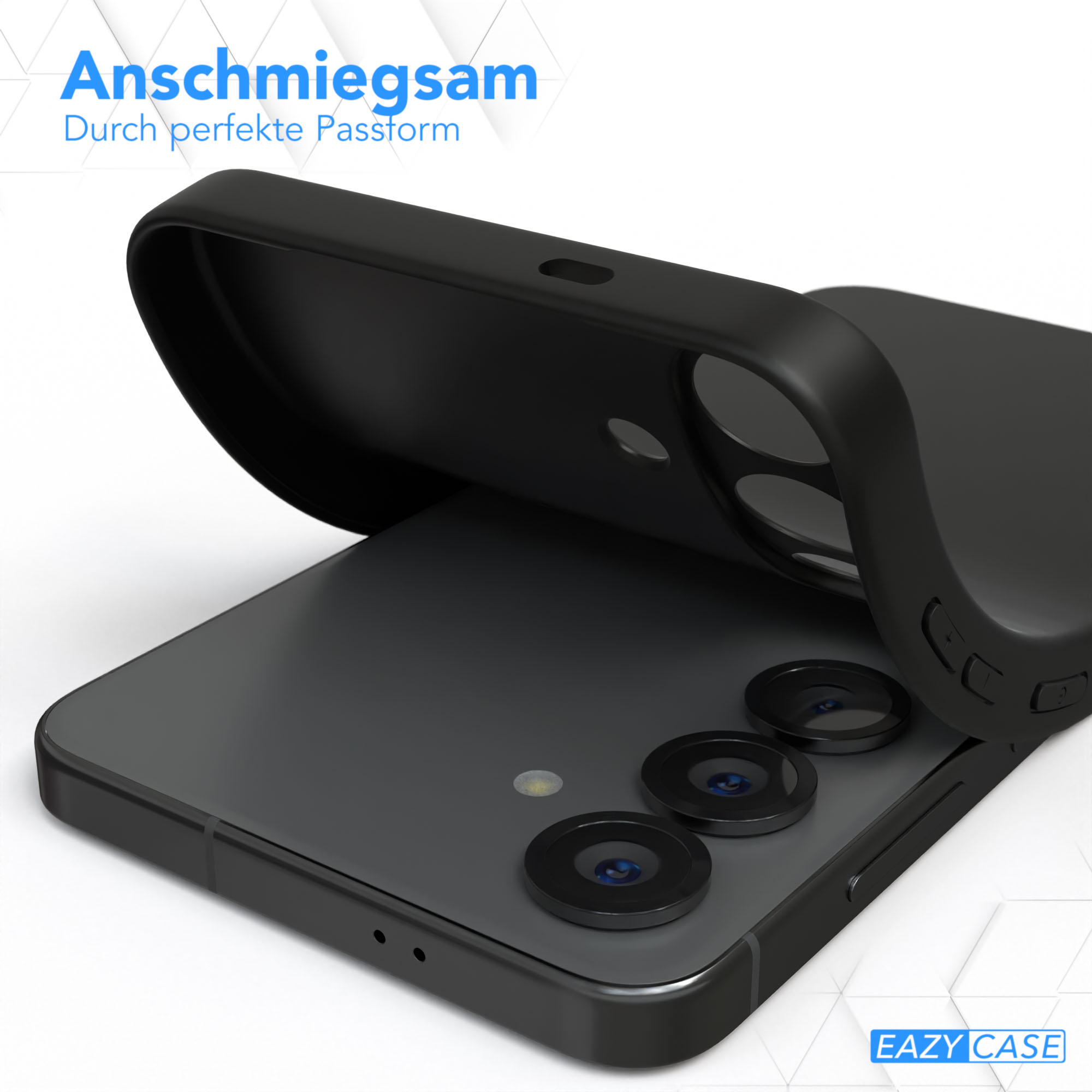 Eine schwarze Handyhülle über einem grauen Telefon. Das Telefon hat drei Kameralinsen. Der Text im Bild lautet 'EAZY CASE'.