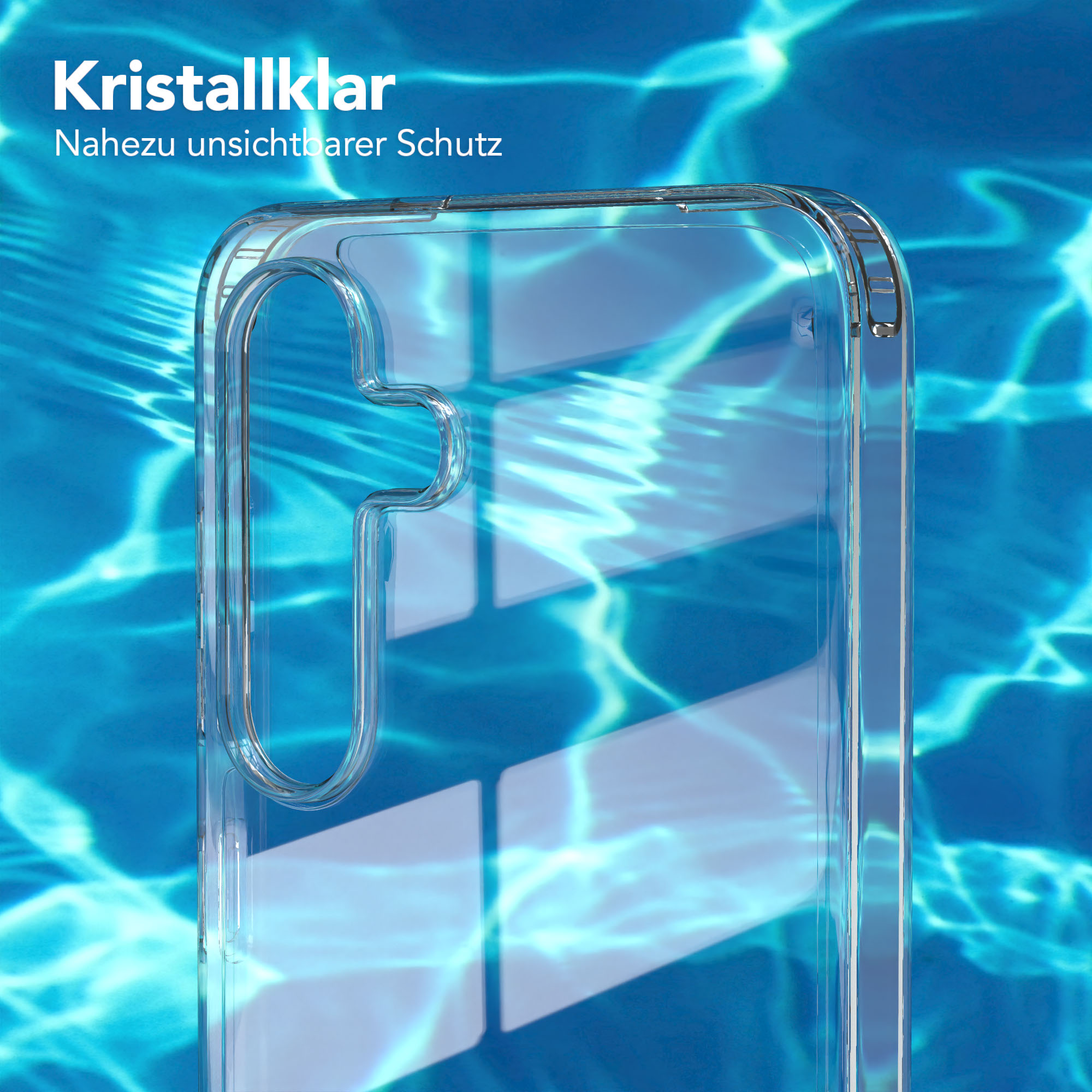 Transparente Handyhülle. Der Hintergrund zeigt blaues Wasser mit Lichtreflexen. Text: Kristallklar, Nahezu unsichtbarer Schutz.