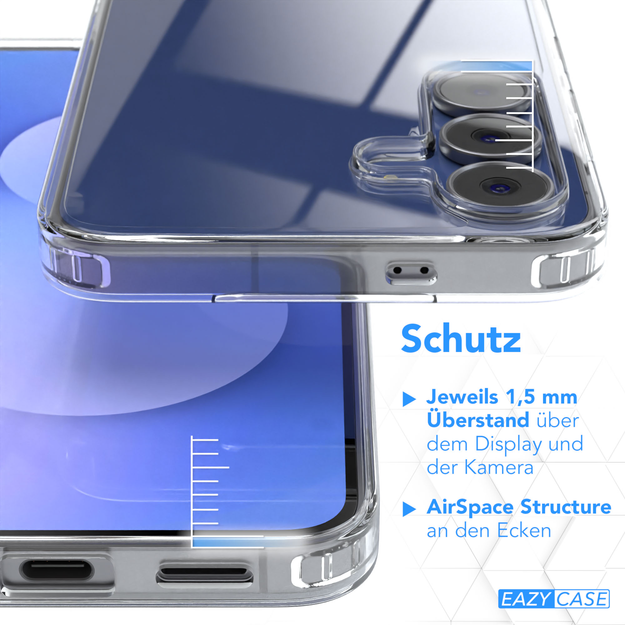 Eine transparente Handyhülle, die ein Telefon schützt. Text auf der rechten Seite sagt Schutz und weitere Funktionen.