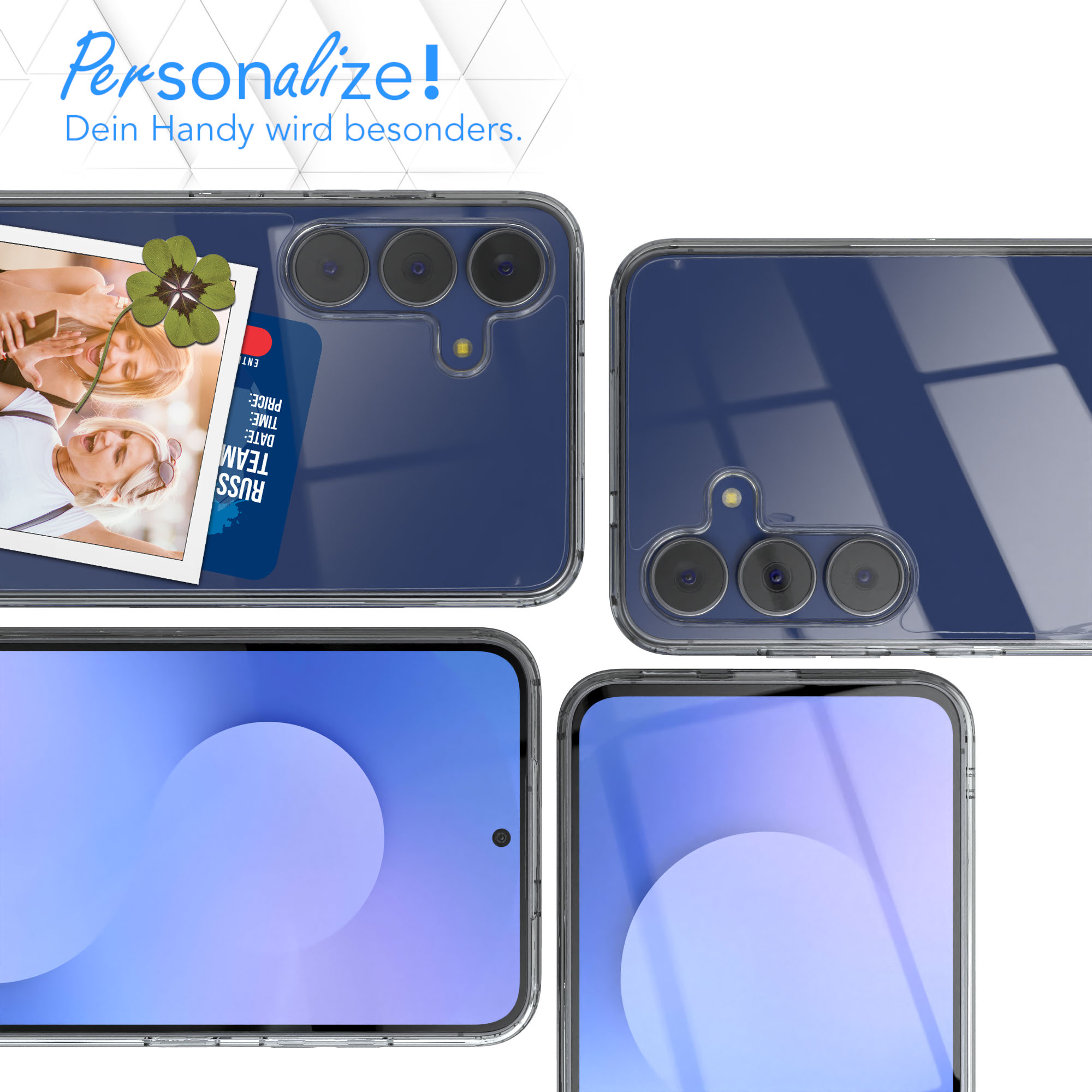 Eine Handyhülle mit Fotos, einem vierblättrigen Kleeblatt und Text. Die Rückseite des Telefons hat Kameras. Text sagt 'Personalize!'
